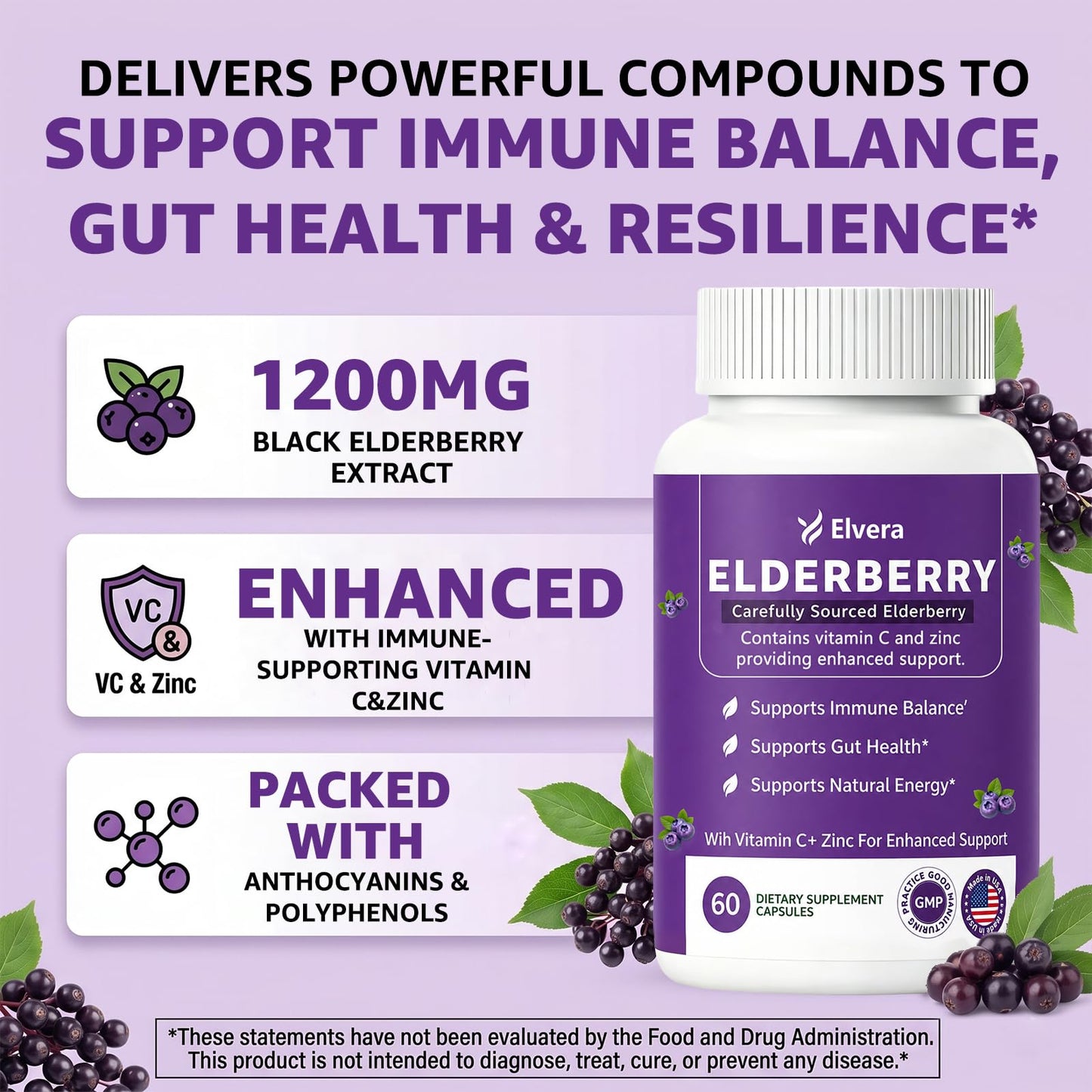VUXON Elvera Elderberry Gut Support Soft Capsules, 120 Count