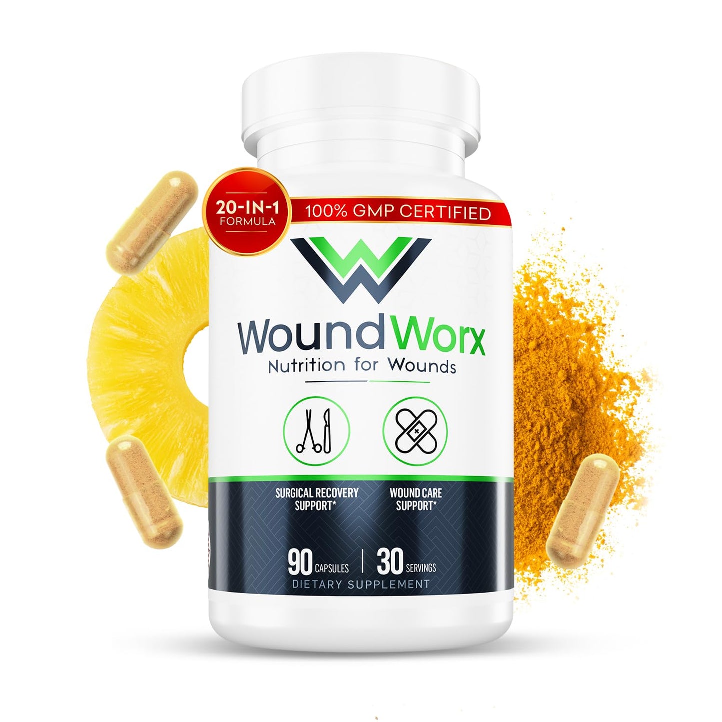 Free Life Labs WoundWorx Nutrition-Scar and Surgery Support, Wound Care, General and Plastic Surgery, Faster Healing w/Vitamins, Amino Acids, Collagen, Probiotics, Turmeric, Bromelain Capsules 90