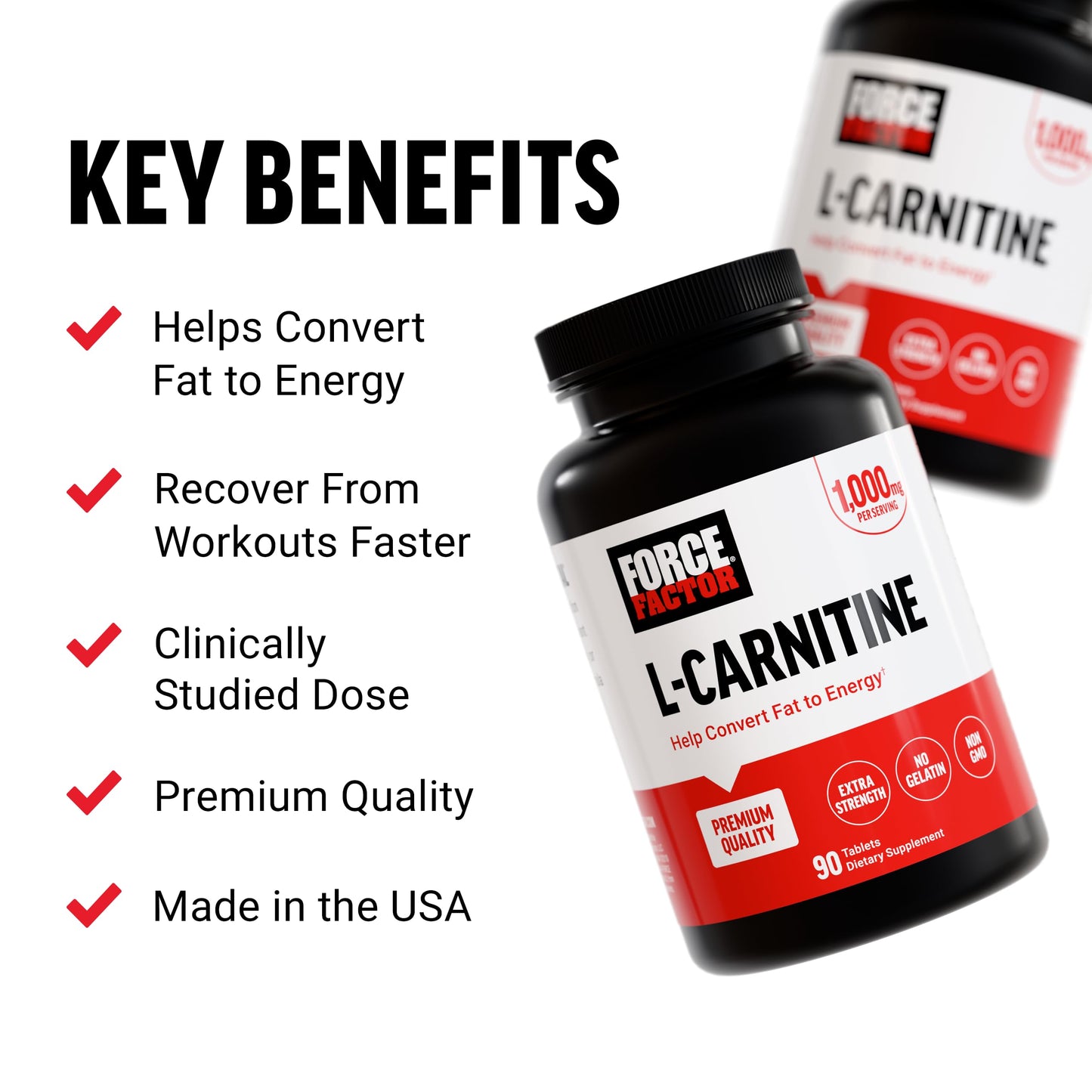 Force Factor L-Carnitine Tartrate 1000mg, 90 Tablets