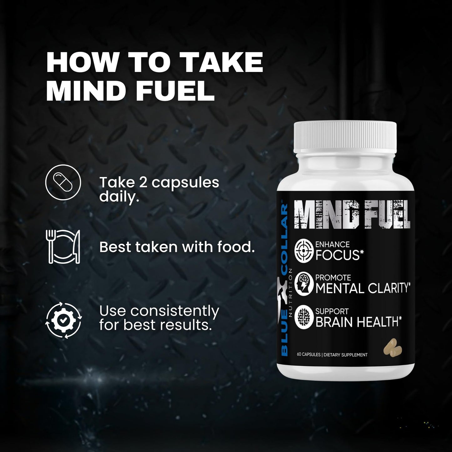 BLUE COLLAR NUTRITION Mind Fuel Brain Supplements for Memory and Focus 60 Capsules