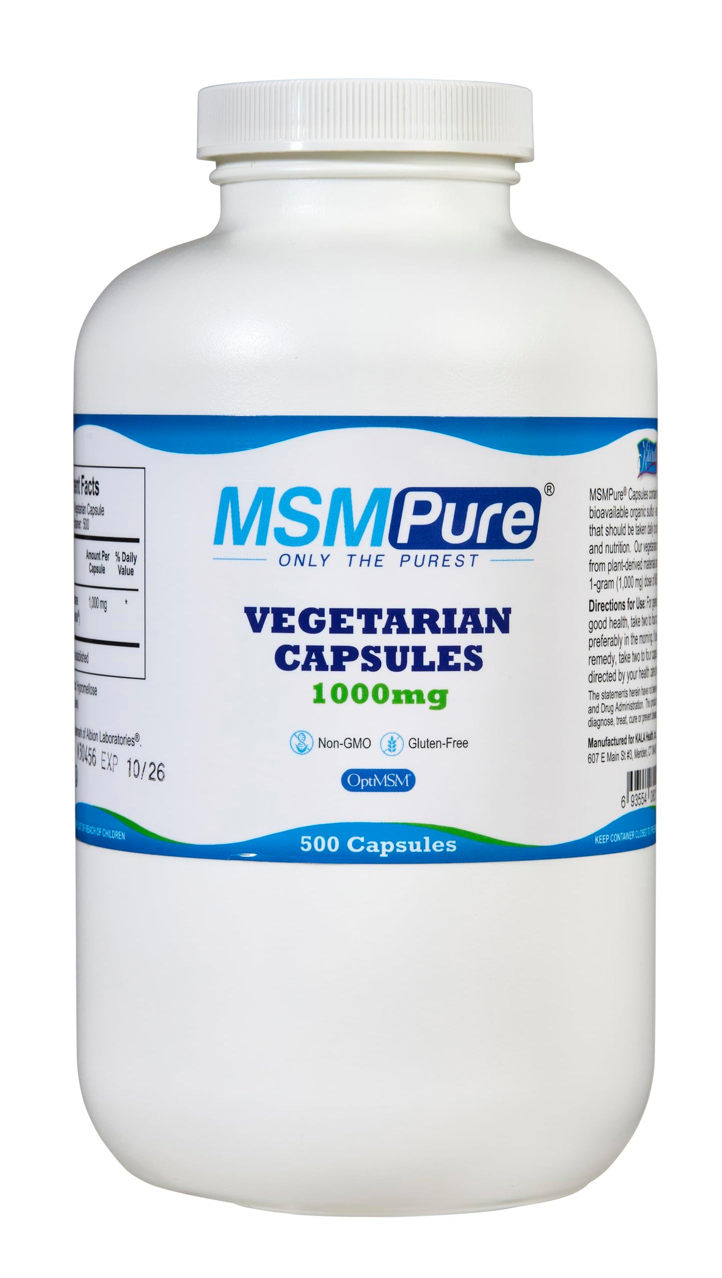 KALA HEALTH MSMPure 1000mg MSM Vegetarian Capsules, 500 Count