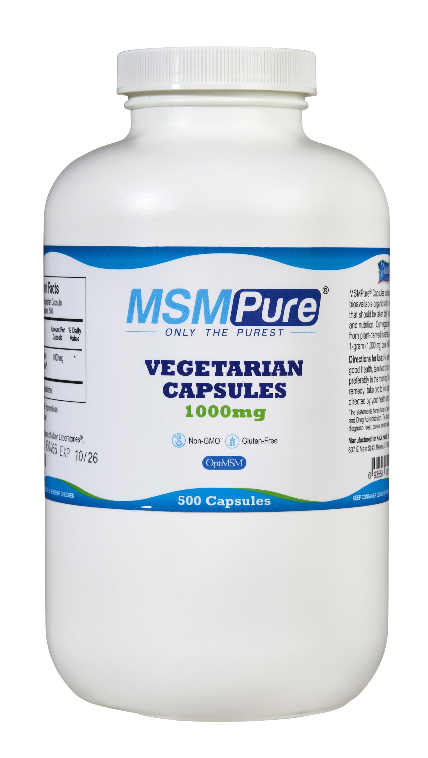 KALA HEALTH MSMPure 1000mg MSM Vegetarian Capsules, 500 Count