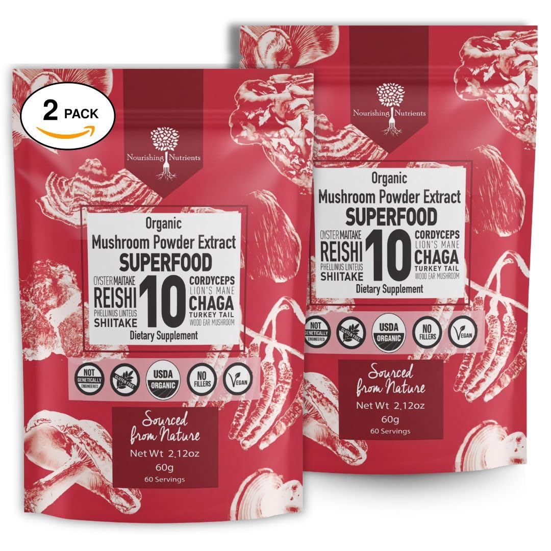 Nourishing Nutrients USDA Organic 10 Mushroom Supplement Powder, Focus and Immune Support, 4.24 oz