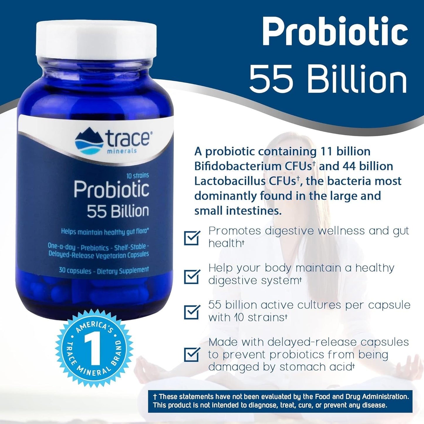 Trace Minerals Probiotic 55 Billion High-Potency Probiotic for Small & Large Intestine Support Capsules, 30 Count