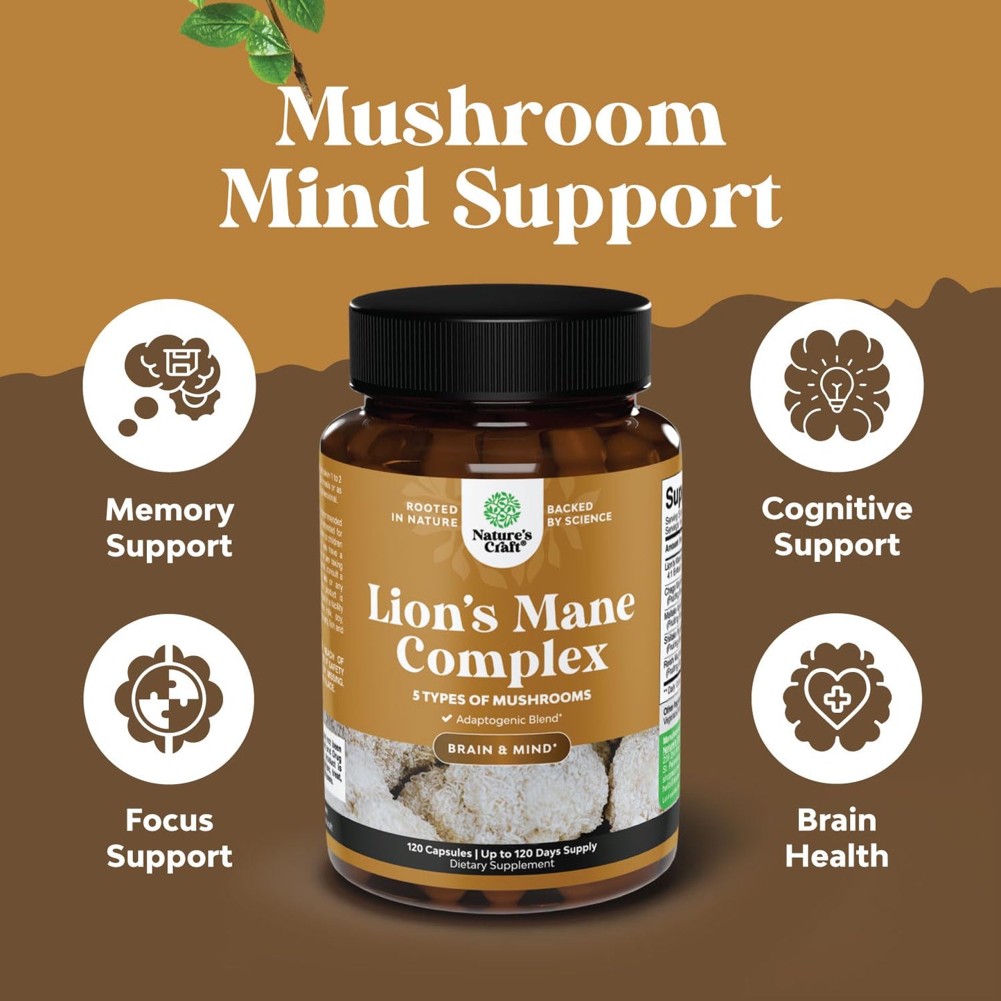 Natures Craft Advanced Lion's Mane Mushroom Supplement Capsules with Reishi, Chaga, Maitake & Shiitake for Brain Health, Memory Support & Focus - Nootropic for Mental Clarity, 120 Capsules