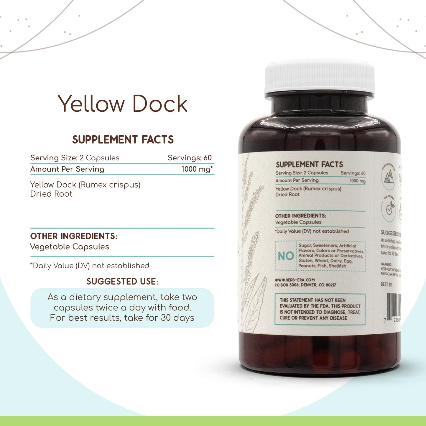 HerbEra Yellow Dock 500 mg (Rumex Crispus) Dried Root Capsules, 120 Capsules