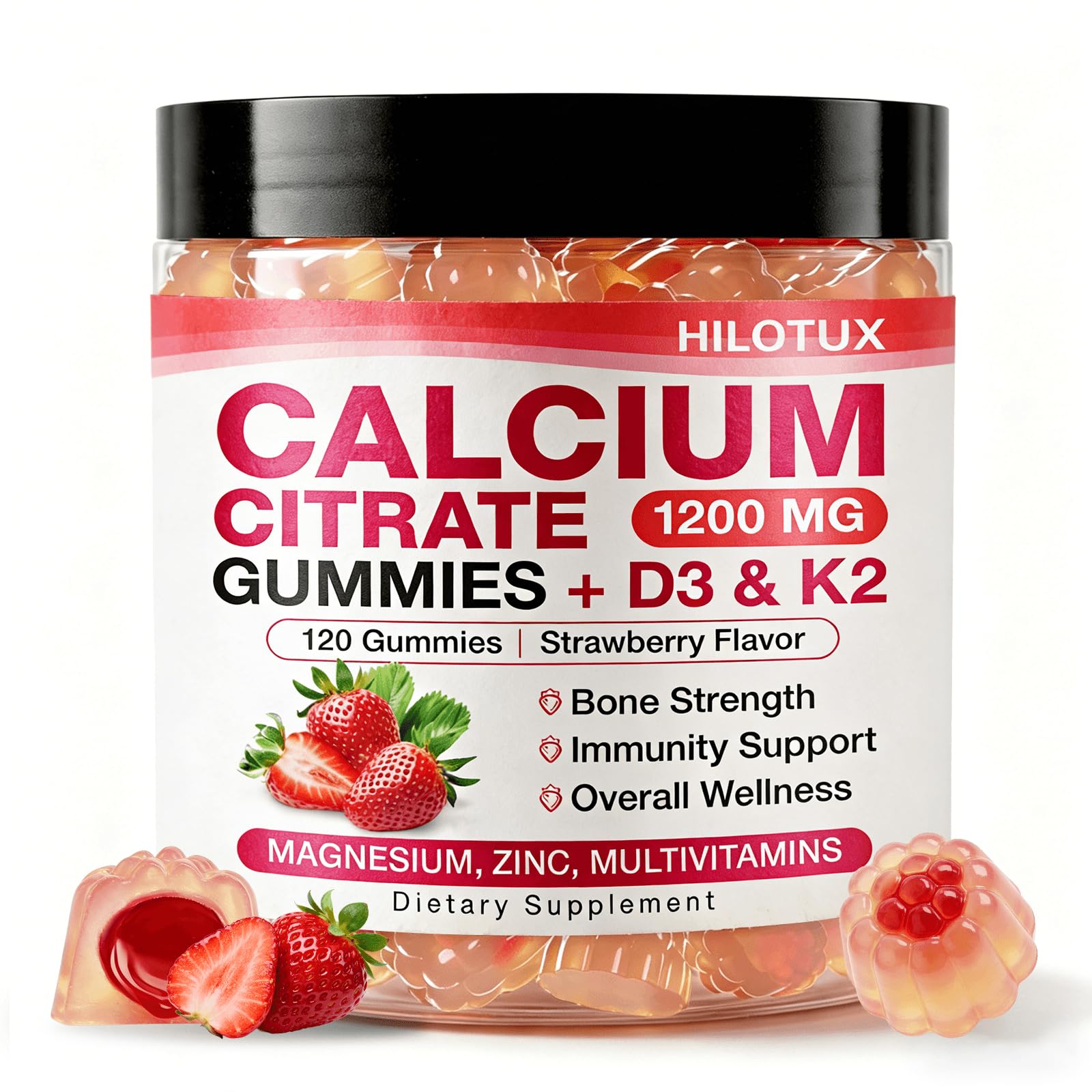 HILOTUX Calcium 1200 mg with Vitamin D3, K2, Magnesium & Zinc Gummies, 120 Count