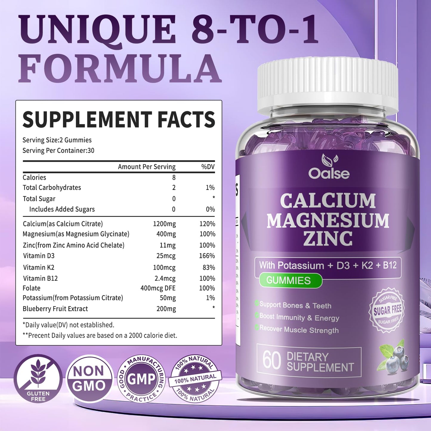 OALSE Calcium Magnesium Zinc Gummies with Vitamin D3 & K2-High Absorption Magnesium Glycinate-Muscles, Immune & Sleep Support-Sugar Free- Blueberry Flavored, 60 Gummies