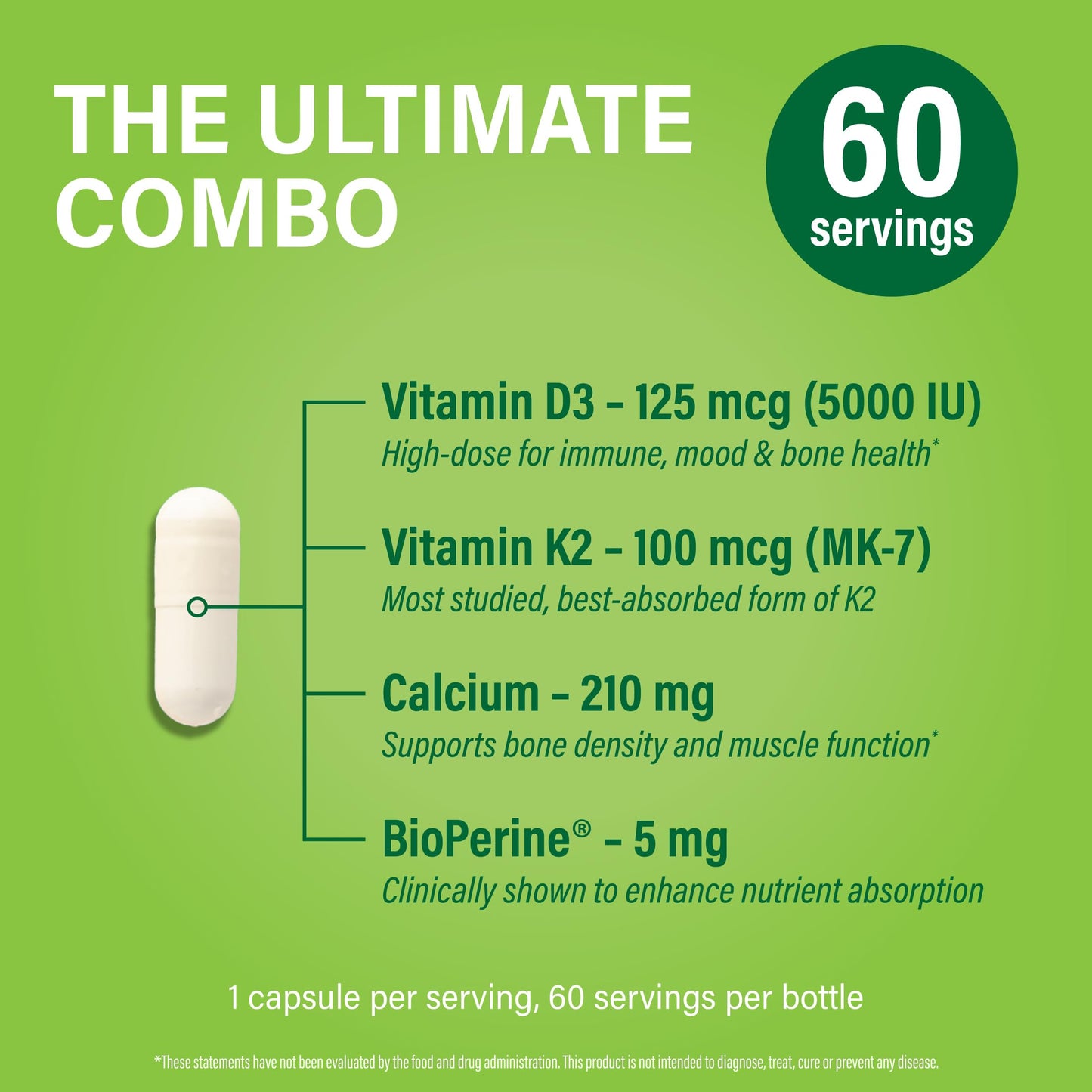 Noophoric Vitamin D3 K2 5000 IU D3 with K2 MK7 Capsules, 60 Capsules