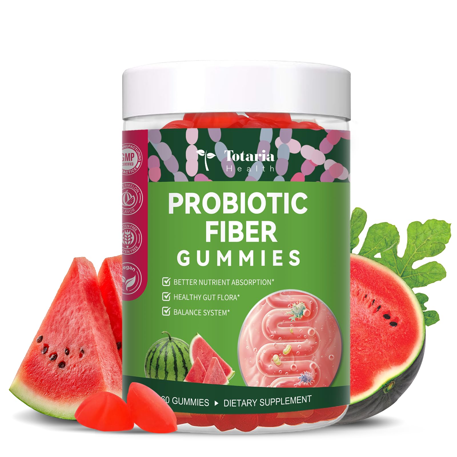 Totaria 9-in-1 Probiotic Prebiotic Fiber Gummies for Adults & Teens, Sugar-Free with Psyllium Husk, FOS, Inulin, ACV & 5 Billion CFU Bacillus Coagulans, 60 Gummies