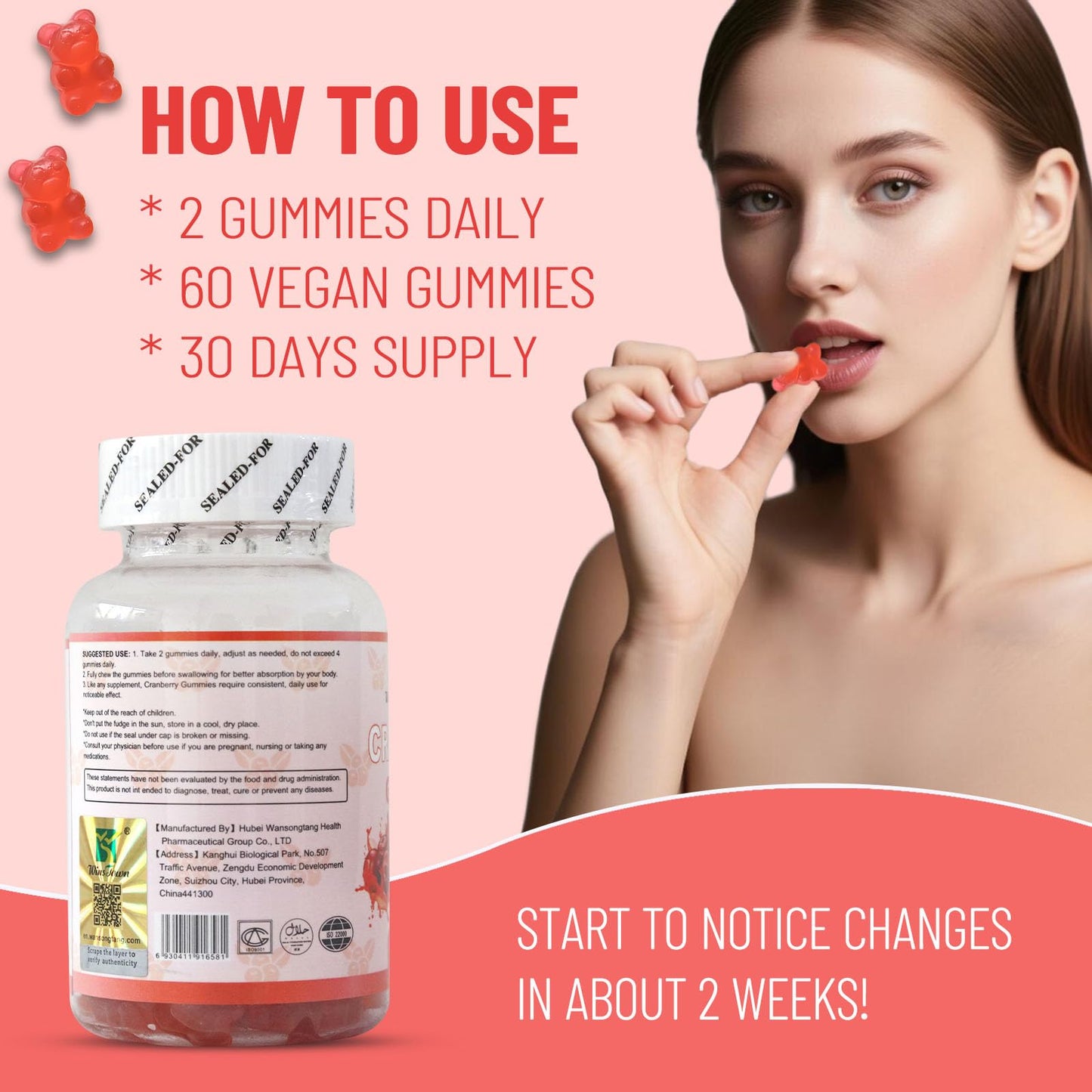 Wins Town Cranberry Gummies for Women 500mg, 60 Count