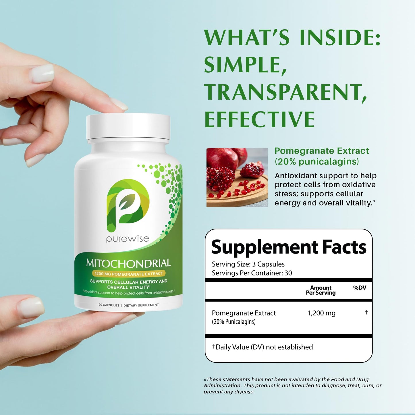 PureWise Mitochondrial Supplements with 1200 mg Pomegranate Extract 90 Capsules
