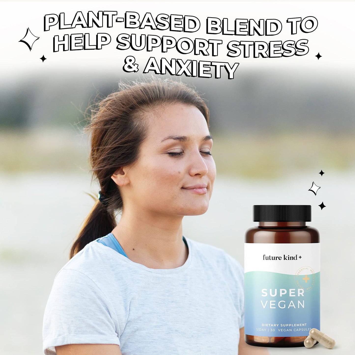 Future Kind Super Vegan Formula with Lemon Balm, Ashwagandha Root Extract and Rhodiola Extract for Natural Mood Boost, Energy and Stress Support, 60 Capsules