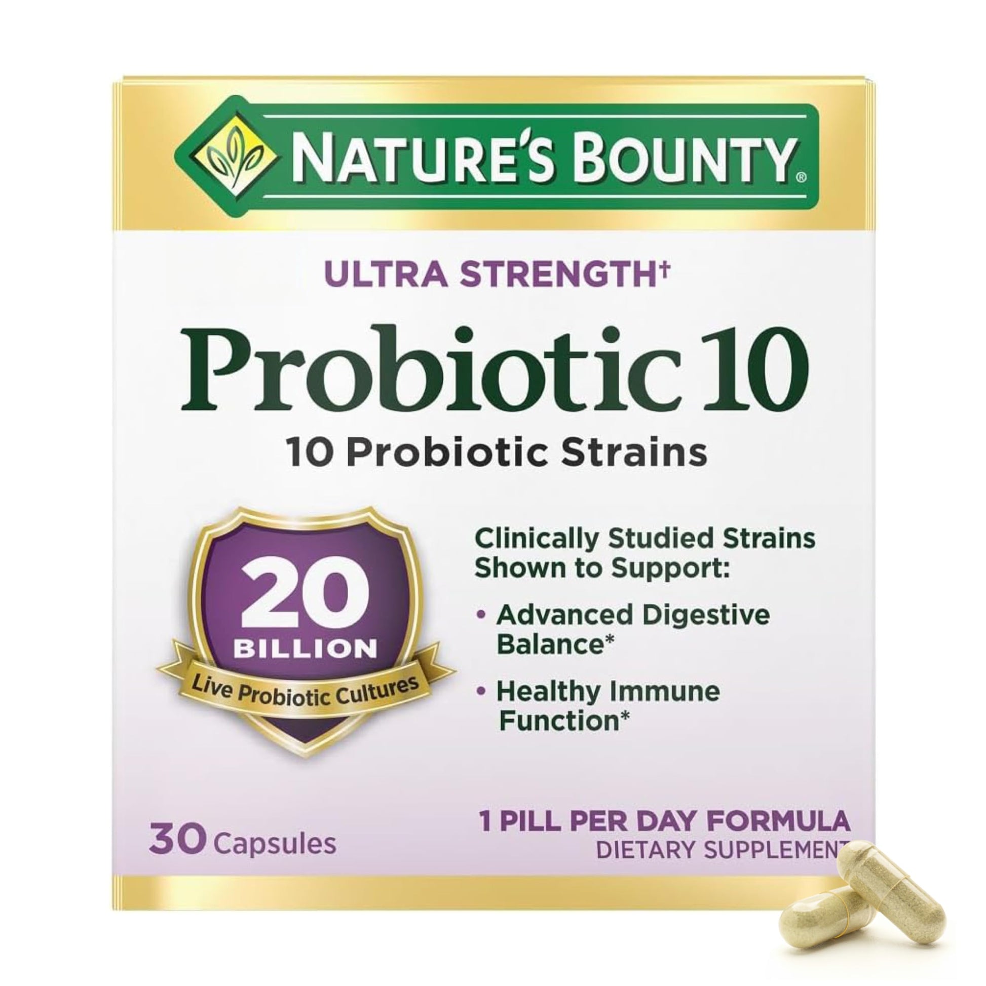 Nature's Bounty Probiotic 10 Daily Probiotic Supplement for Digestive, Immune, and Upper Respiratory Support, Ultra Strength Capsules, 30 Count