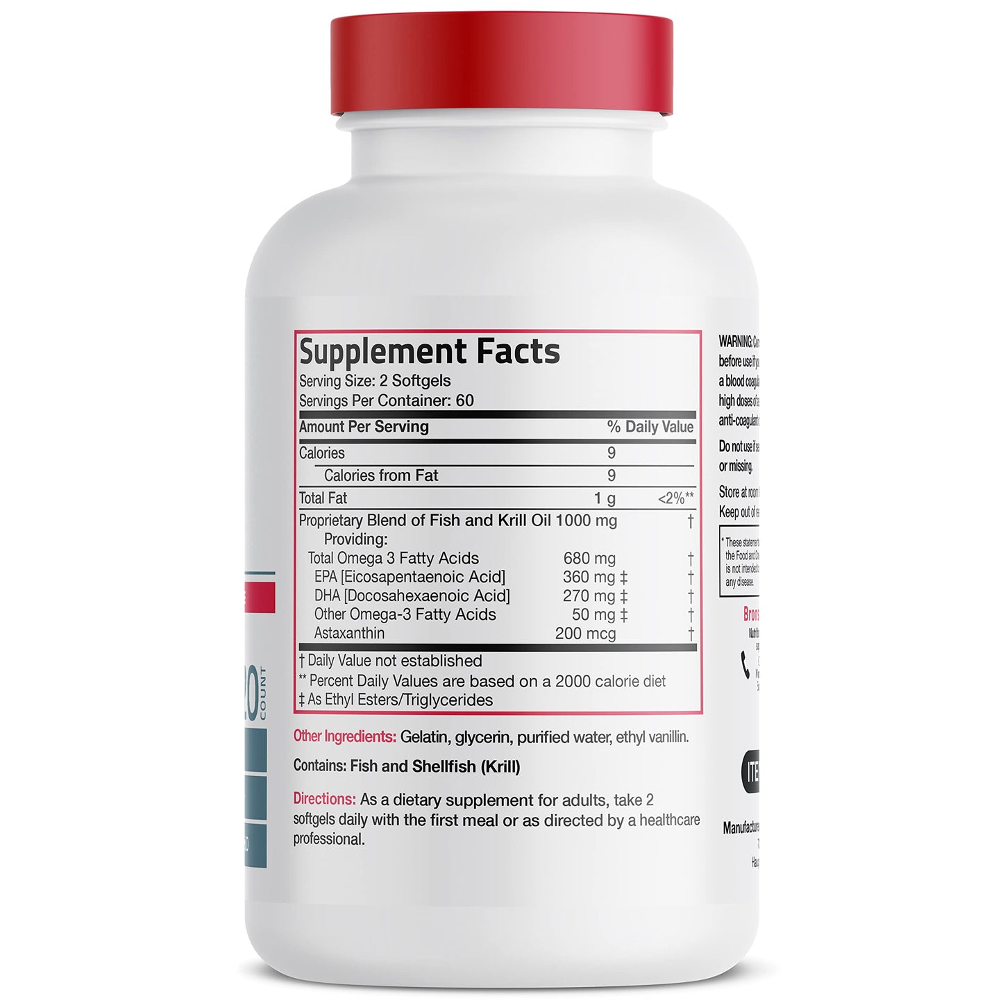 Bronson Omega-3 Fish + Krill Oil 1000 mg EPA DHA Astaxanthin Premium Blend Softgels, 120
