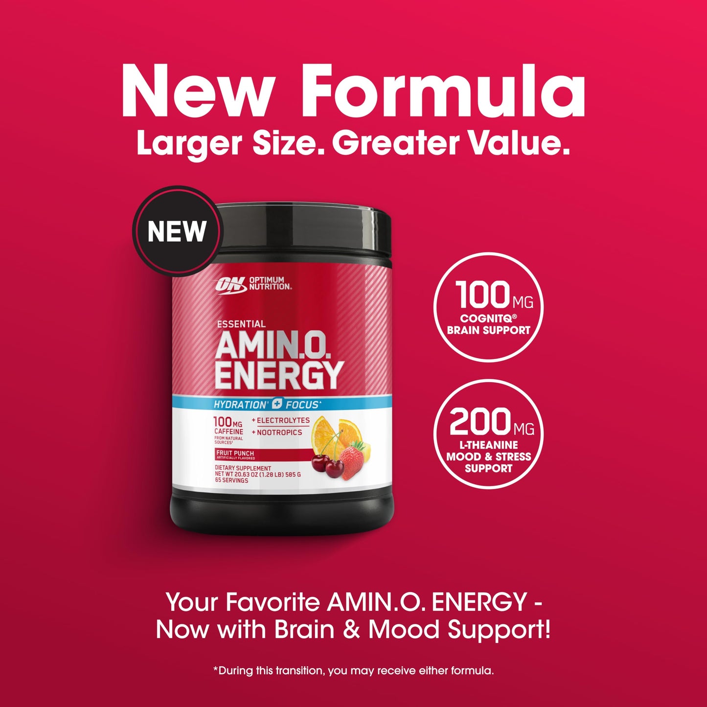 Optimum Nutrition Amino Energy Powder Plus Focus with BCAA, Electrolytes, and Caffeine, Fruit Punch, 65 Servings