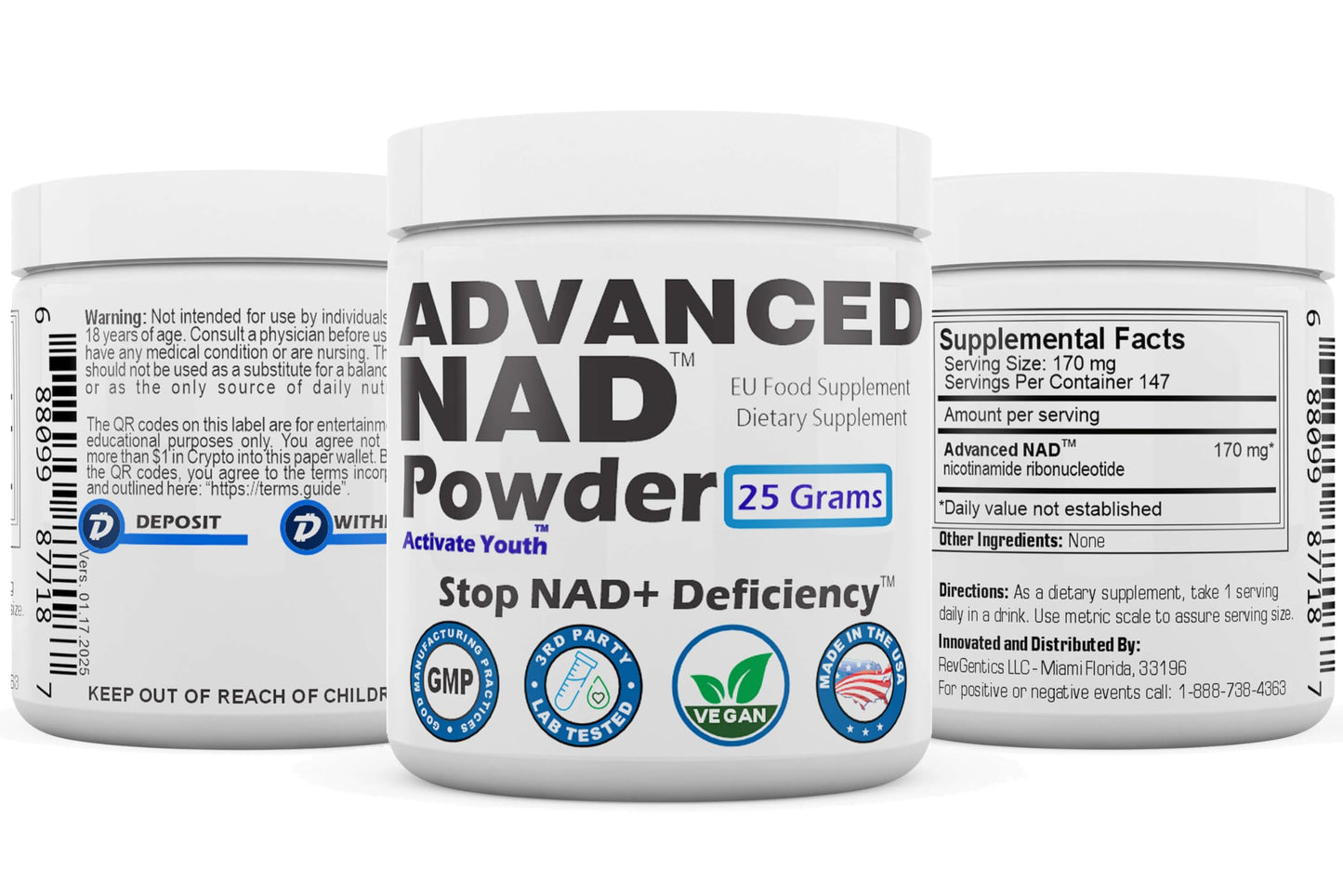 REVGENETICS Advanced NAD Powder Vitamin B3 (NAD), Dietary Supplement, 147 Servings, 25 Grams