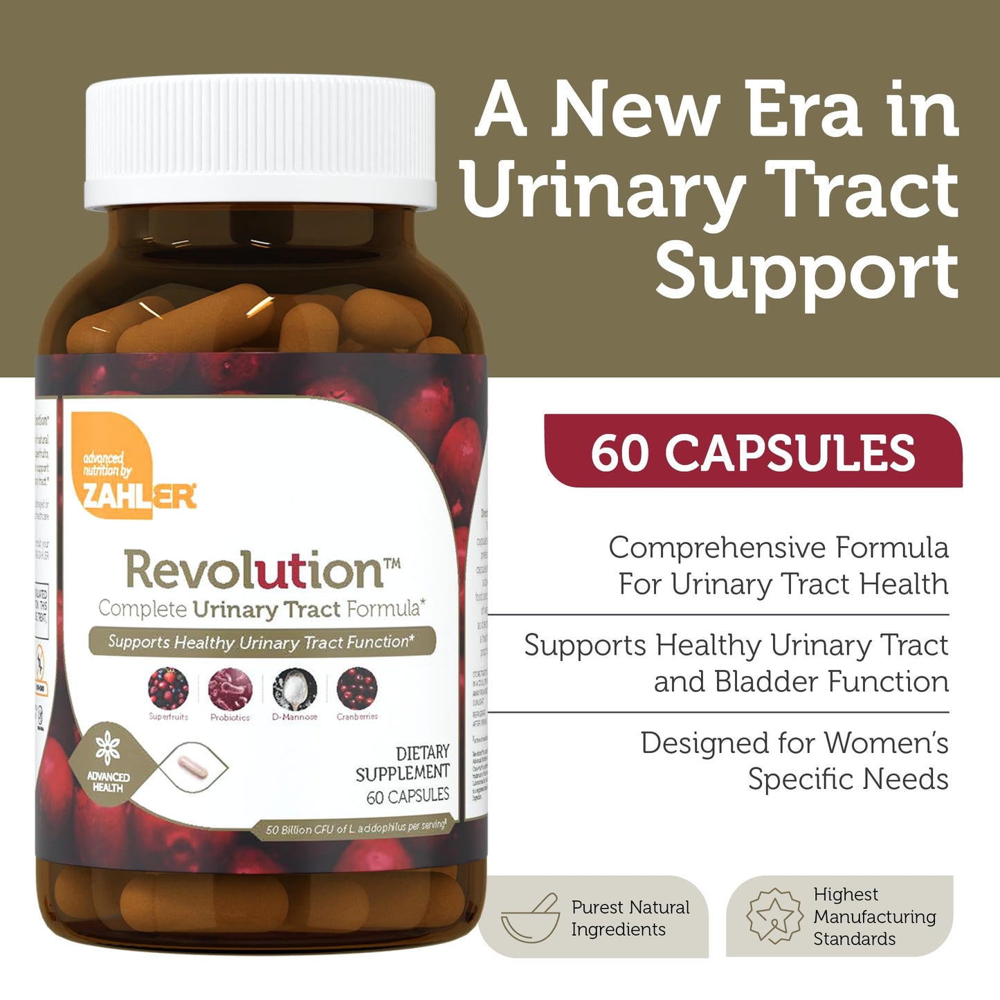 Zahler Revolution Complete Women's Urinary Tract Health Formula with Probiotics UTI Pills 1200mg D-Mannose and Cranberry Supplement Urinary Tract Infection Support for Women, 60 Capsules