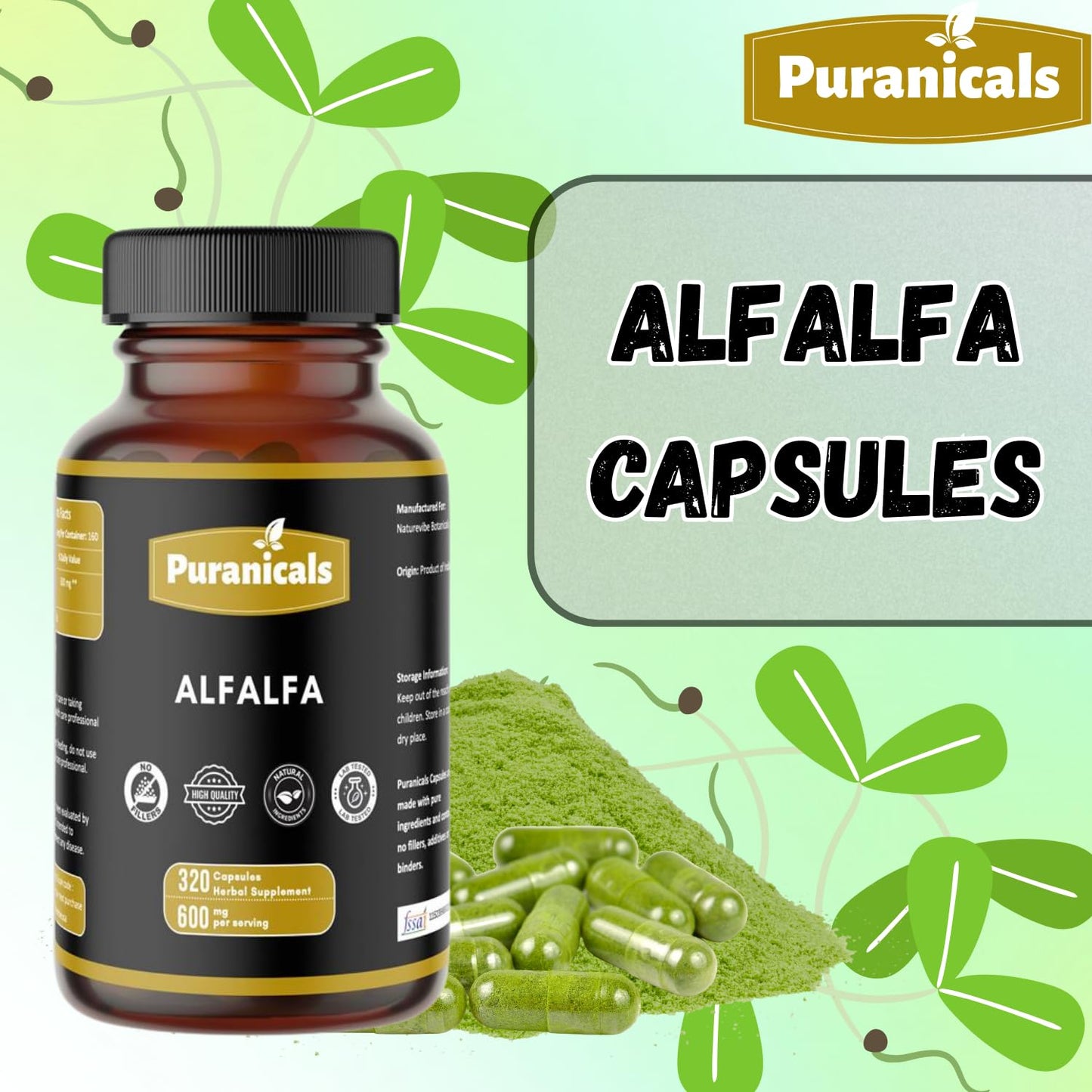 Puranicals Alfalfa Capsules 600mg per Serving, 320 Count