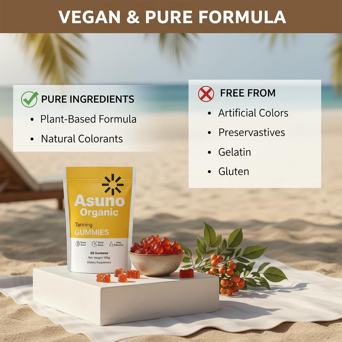 Asuno Organic Tanning Gummies with Astaxanthin, Beta Carotene, Vitamin C for Women and Men, 60 Gummies