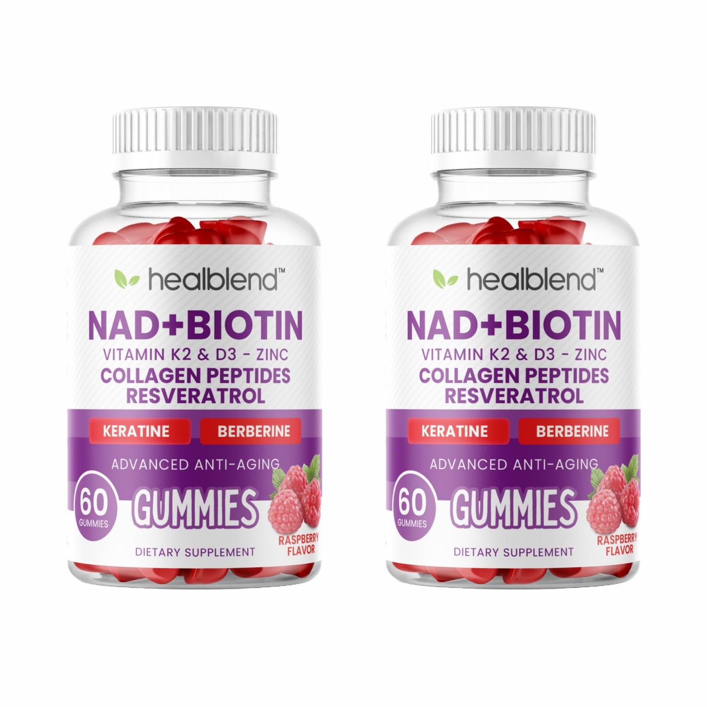 healblend NAD+ Biotin Gummies – Collagen Peptides, Resveratrol, Keratin & Berberine – Anti-Aging Hair, Skin & Nail Support – Vitamin K2 & D3, Zinc – Raspberry Flavor, 60 Gummies