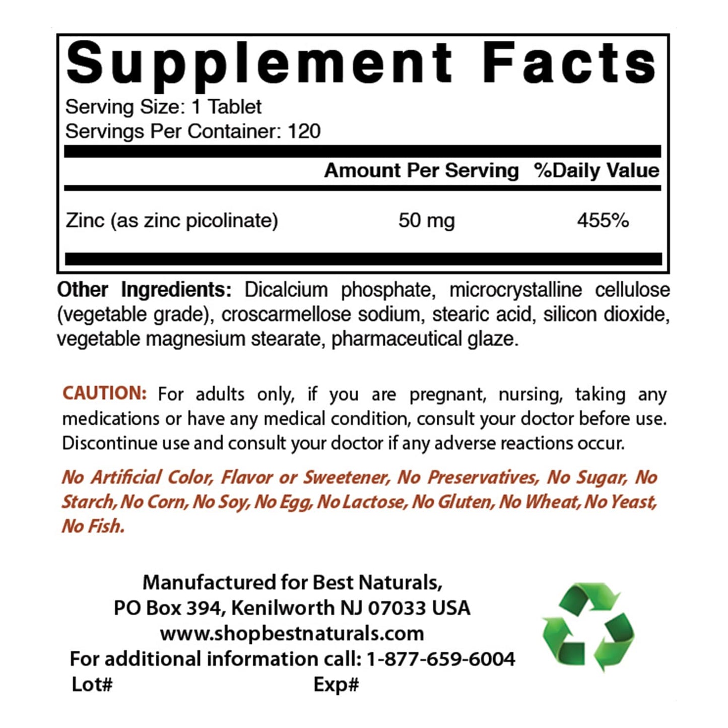 Best Naturals Zinc 50mg Supplements (as Zinc Picolinate) Tablets, 360 Count