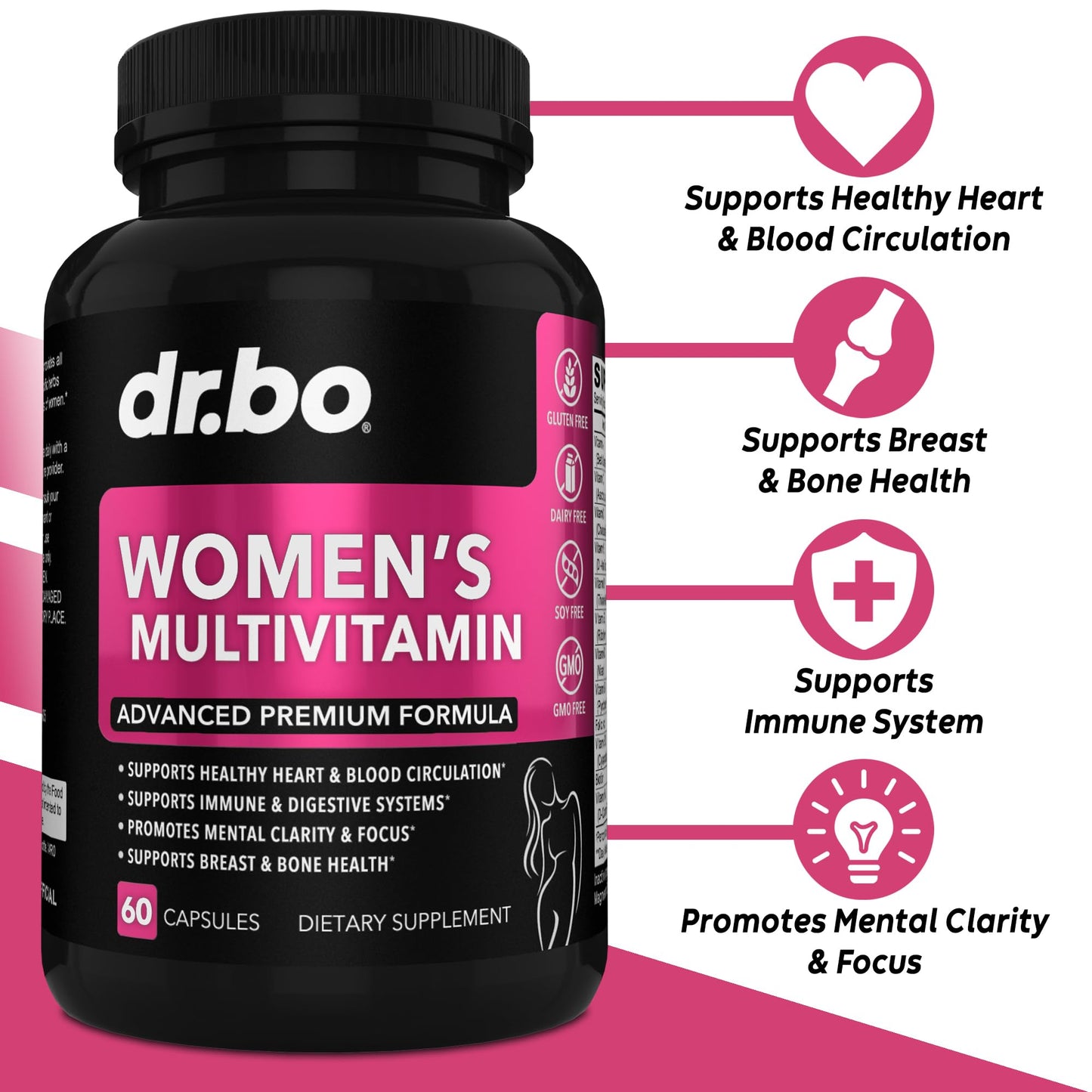 DR. BO Womens Multivitamin, Natural Daily Multivitamins for Women, Magnesium Plus Zinc, Multimineral Health Supplement, 60 Capsules