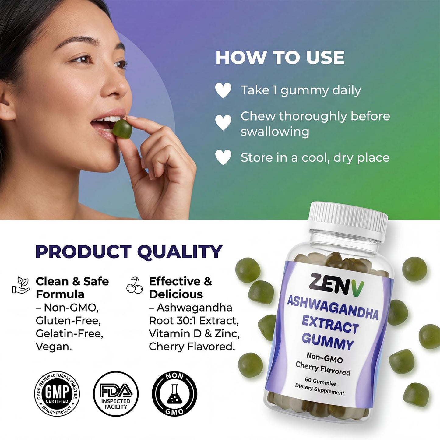 ZENV Ashwagandha Gummies with DHA & Vitamin D 60 Count