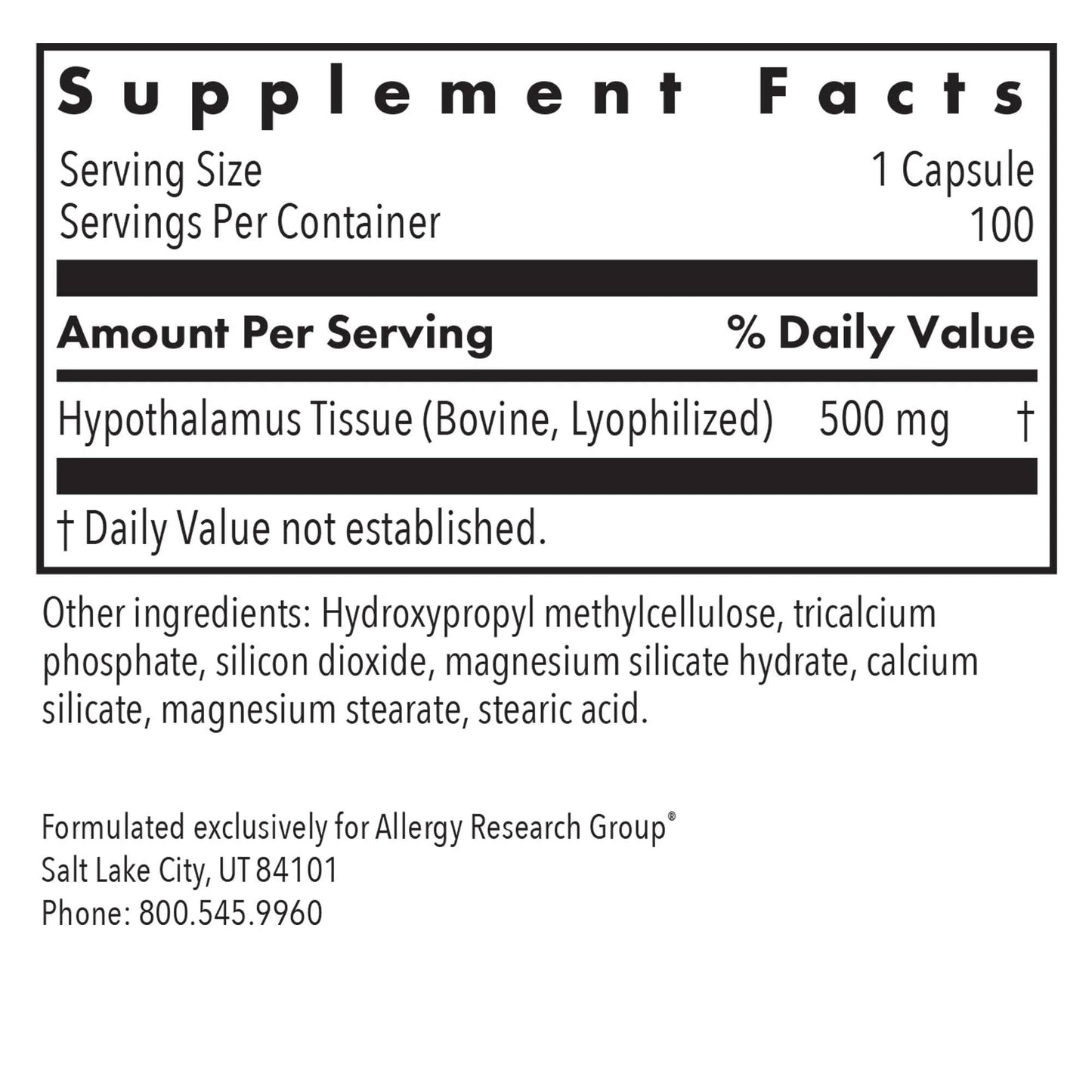Allergy Research Group ARG Hypothalamus Bovine Glandular Supplement 500 mg Lyophilized Hypothalamus Tissue Adrenal Balance & Endocrine Support Capsules 100