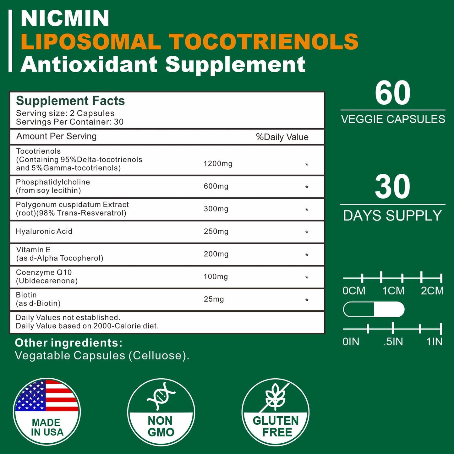 NICMIN Vitamin E Tocotrienols Liposomal Capsule, 1200mg with Phosphatidylcholine, 95% Delta-tocotrienols and 5% Gamma-tocotrienols, High Absorption for Heart and Brain Function, 60 Capsules
