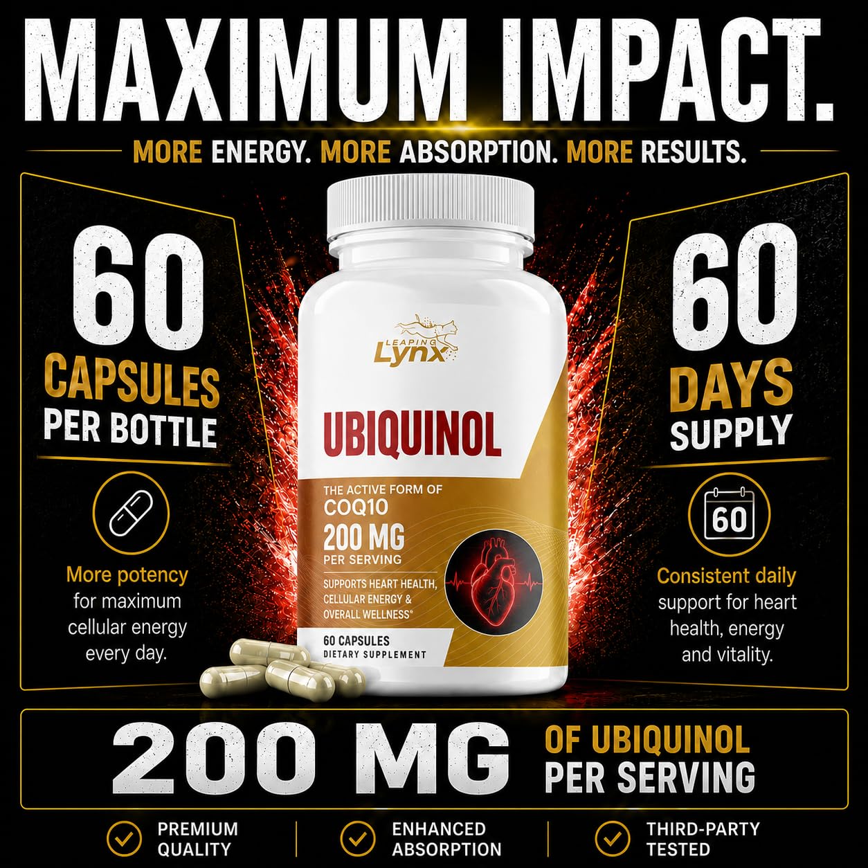 Leaping Lynx Ubiquinol CoQ10 200mg High Absorption Active Coenzyme Q10 Supplement Capsule, 60 Capsules