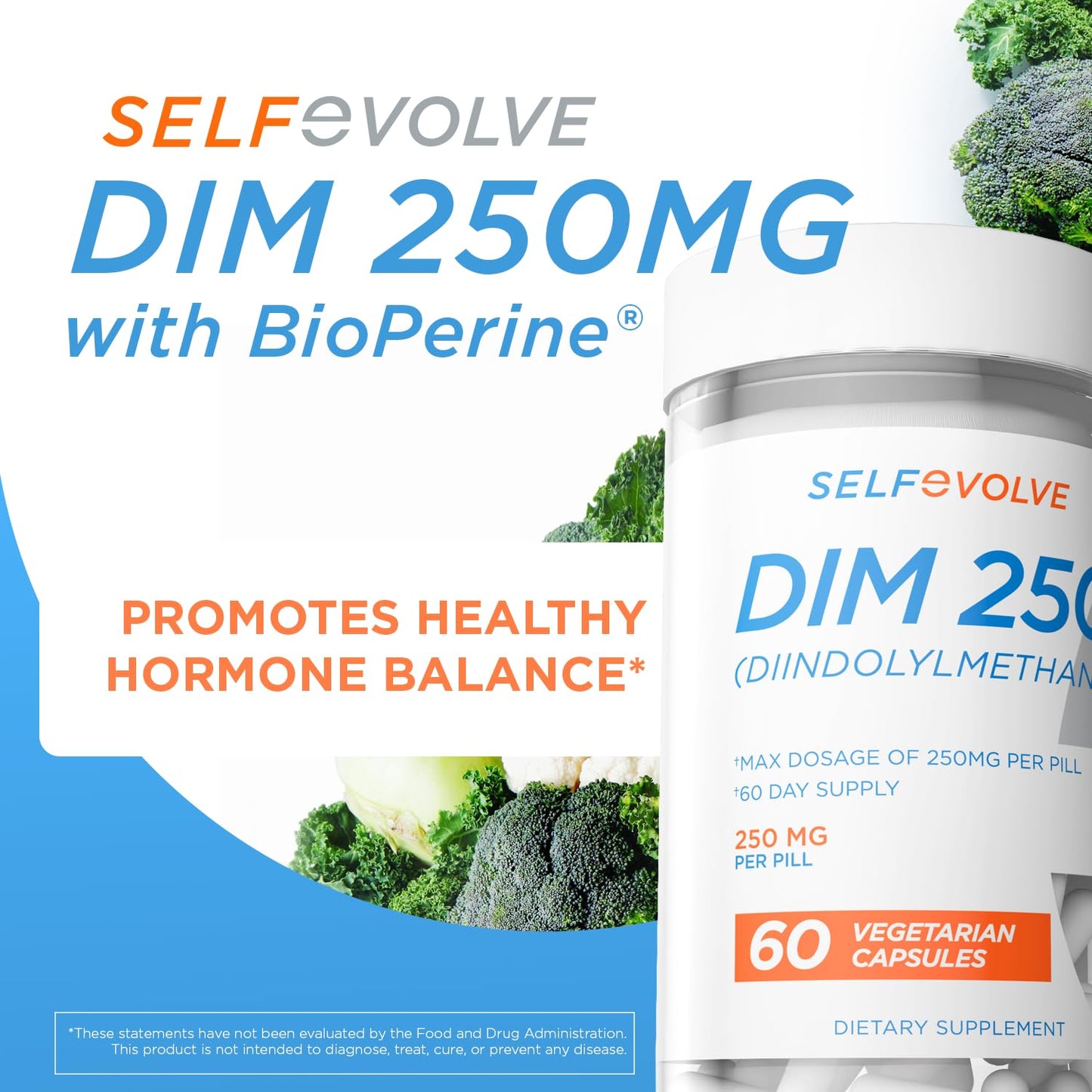 selfevolve DIM Supplement 250 mg with BioPerine, Estrogen Balance & Hormone Balance for Women & Men, Capsule, 60 Capsules