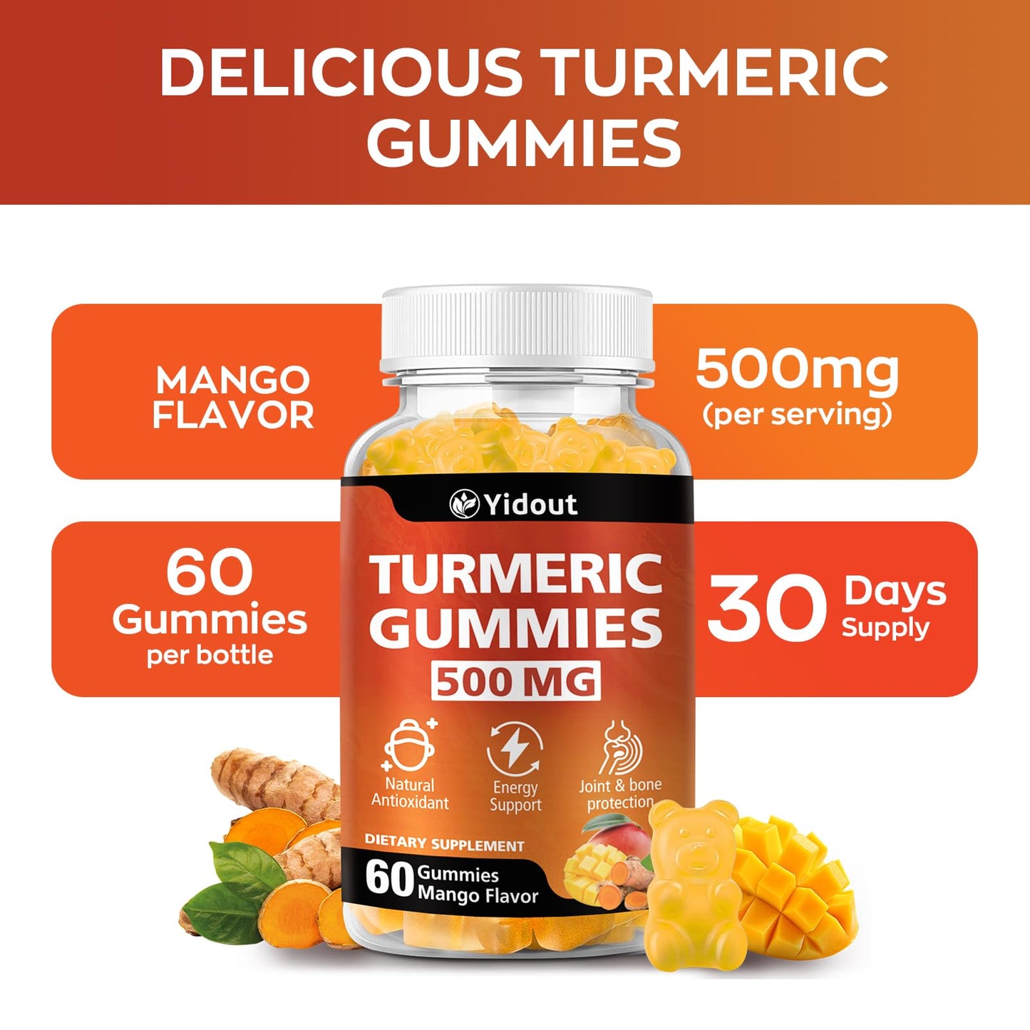 Yidout Turmeric Curcumin Gummies 500mg Mango, 60 Count