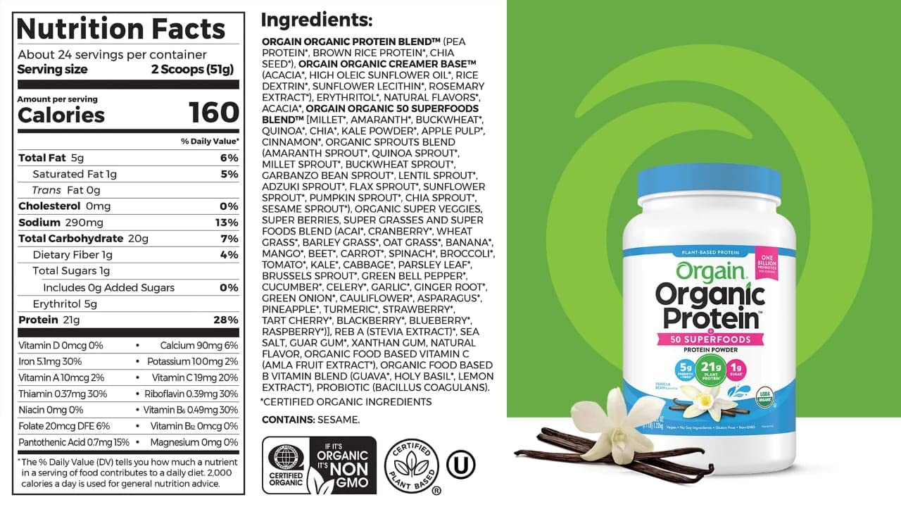 Orgain Organic Plant Based Protein Powder Vanilla Bean, 2.74 Pound, 1 Count