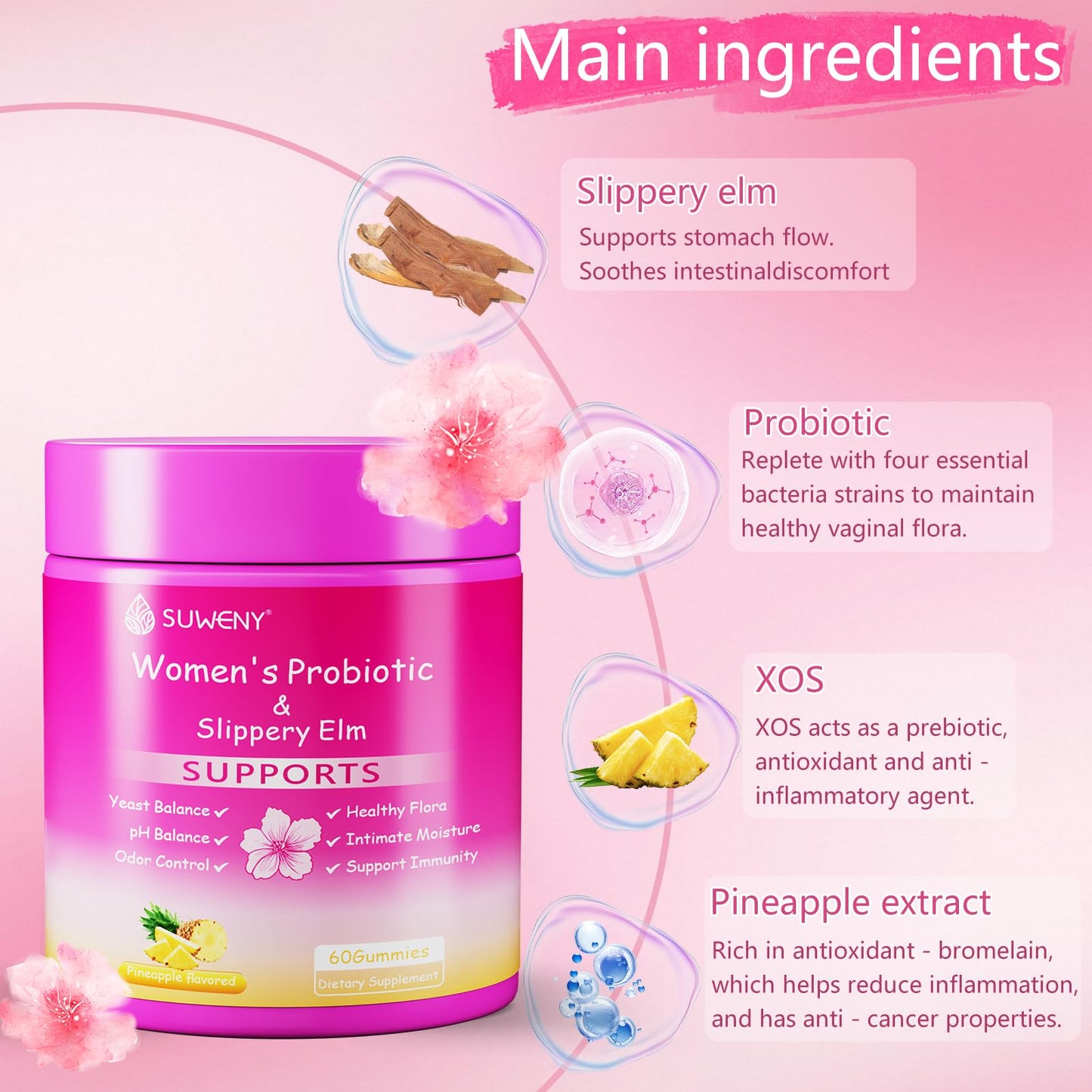 SUWENY Her Juicy Feminine Probiotics Gummies, 60 Gummies