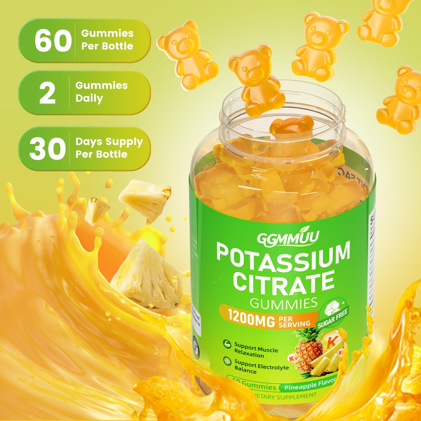GGMMUU Potassium Citrate Gummy 1200mg, Sugar Free, Pineapple, 60 Count