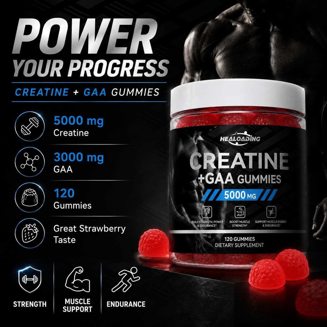 HEALOADING Creatine Monohydrate Gummies with GAA 120 Count