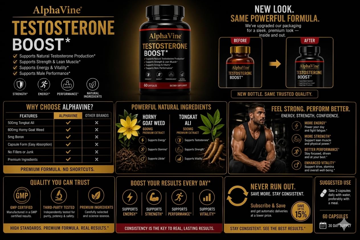 ALPHAVINE Testosterone Booster for Men, Horny Goat Weed, Tongkat Ali and Saw Palmetto, 60 Capsules