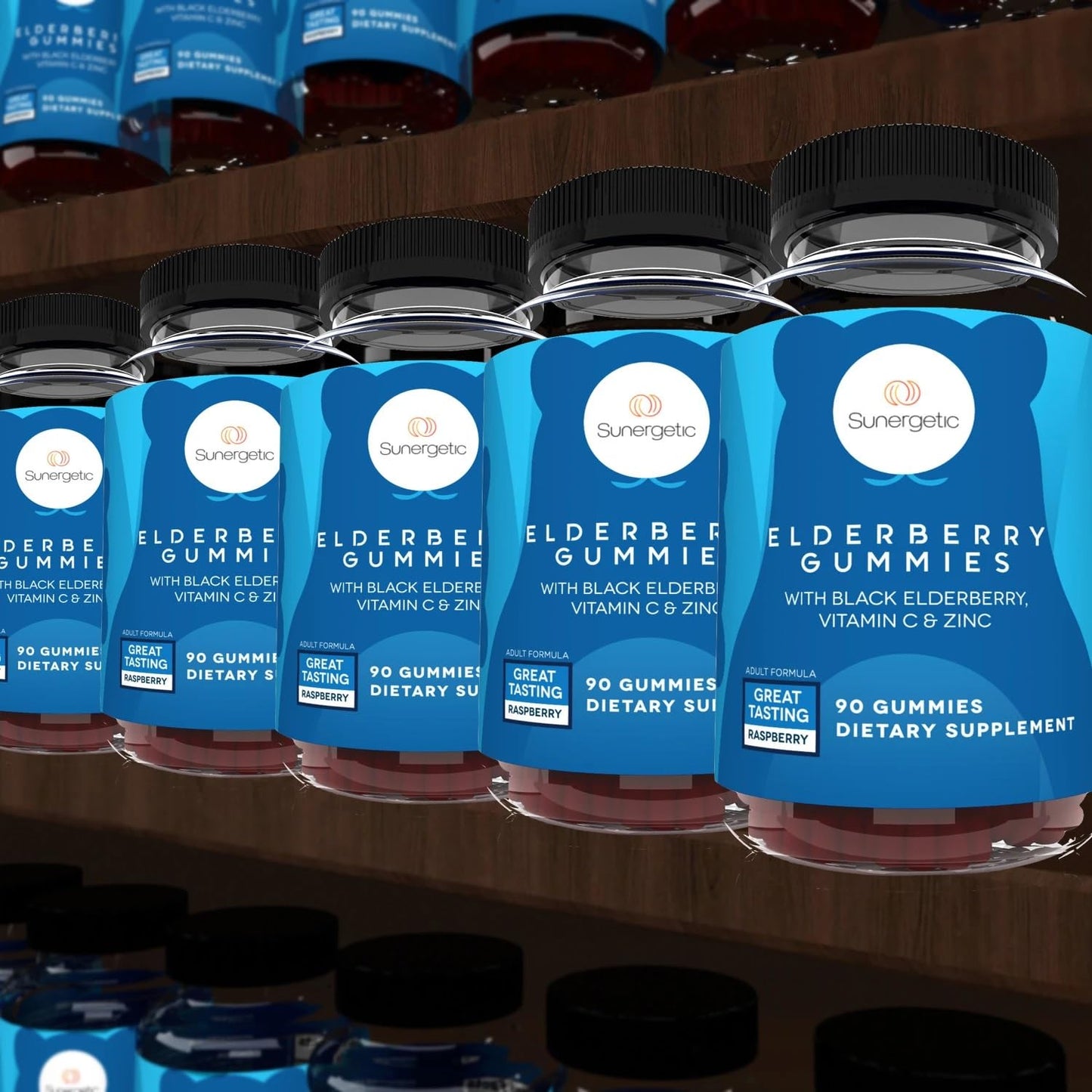 Sunergetic Premium Black Elderberry Gummies with Vitamin C & Zinc, Raspberry Flavored, 90 Gummies