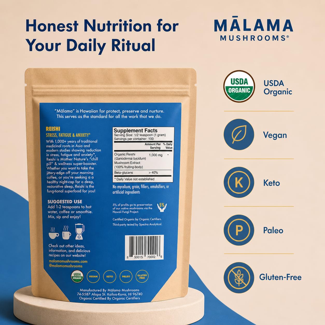 MALAMA MUSHROOMS Organic Reishi Mushroom Powder 3.53 oz