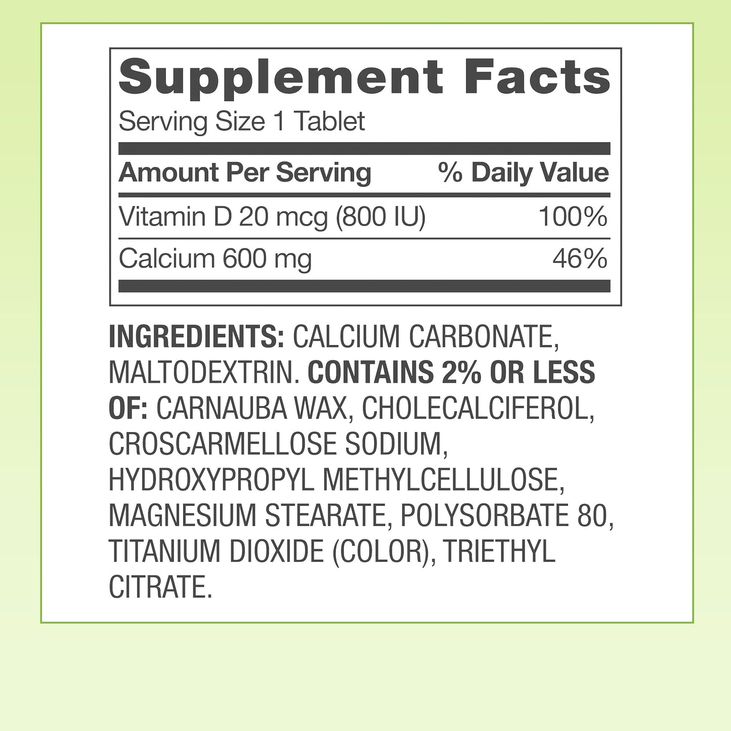 Generic Spring Valley Calcium Plus Vitamin D Tablets Dietary Supplement, Calcium 600 mg, Vitamin D 20 mcg, 250 Count