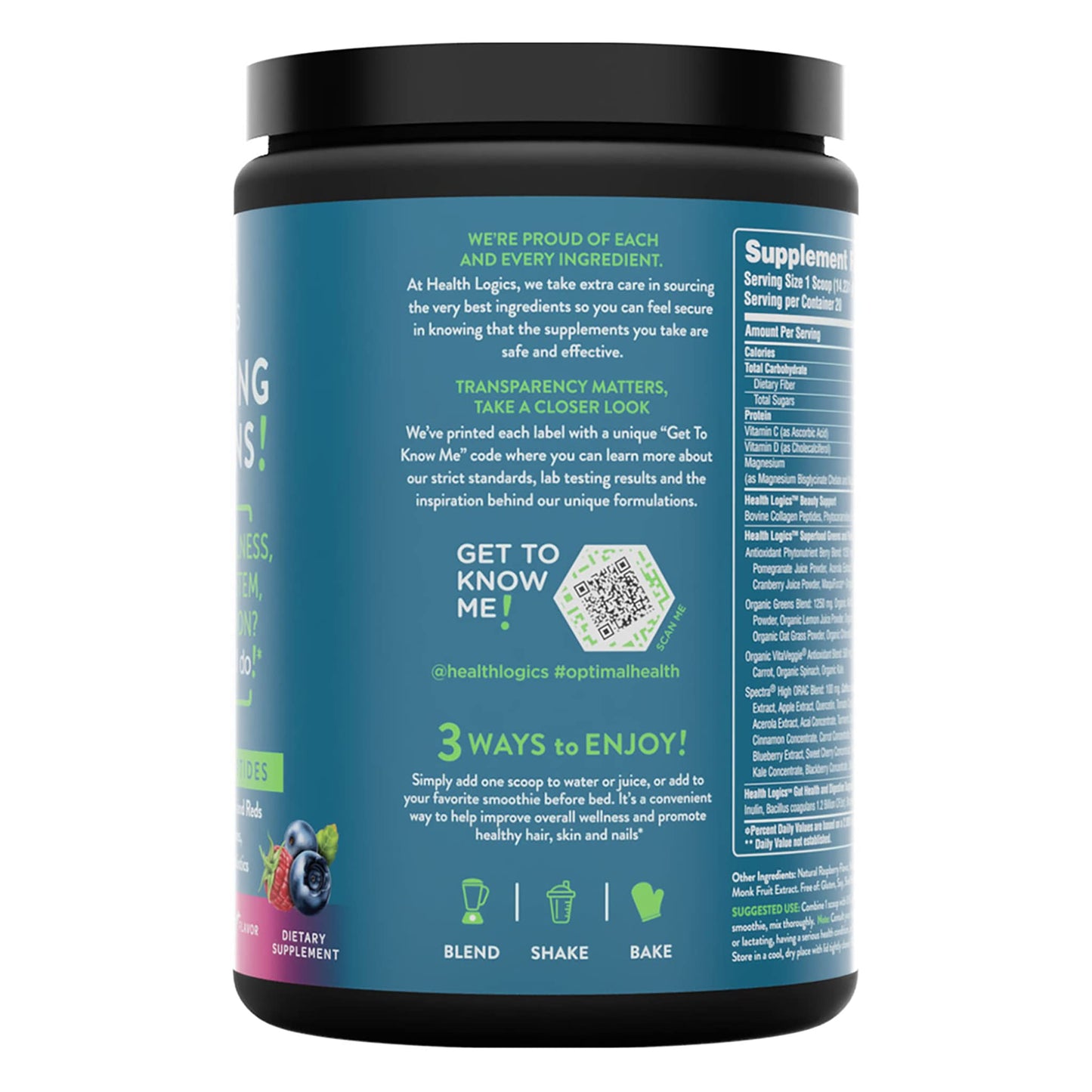 Health Logics Glowing Greens Superfood Powder with Collagen Peptides, Digestive Enzymes, Prebiotics and Probiotics – Antioxidant, Improve Wellness, Immune, Digestive and Gut Health Support, 10.03 oz
