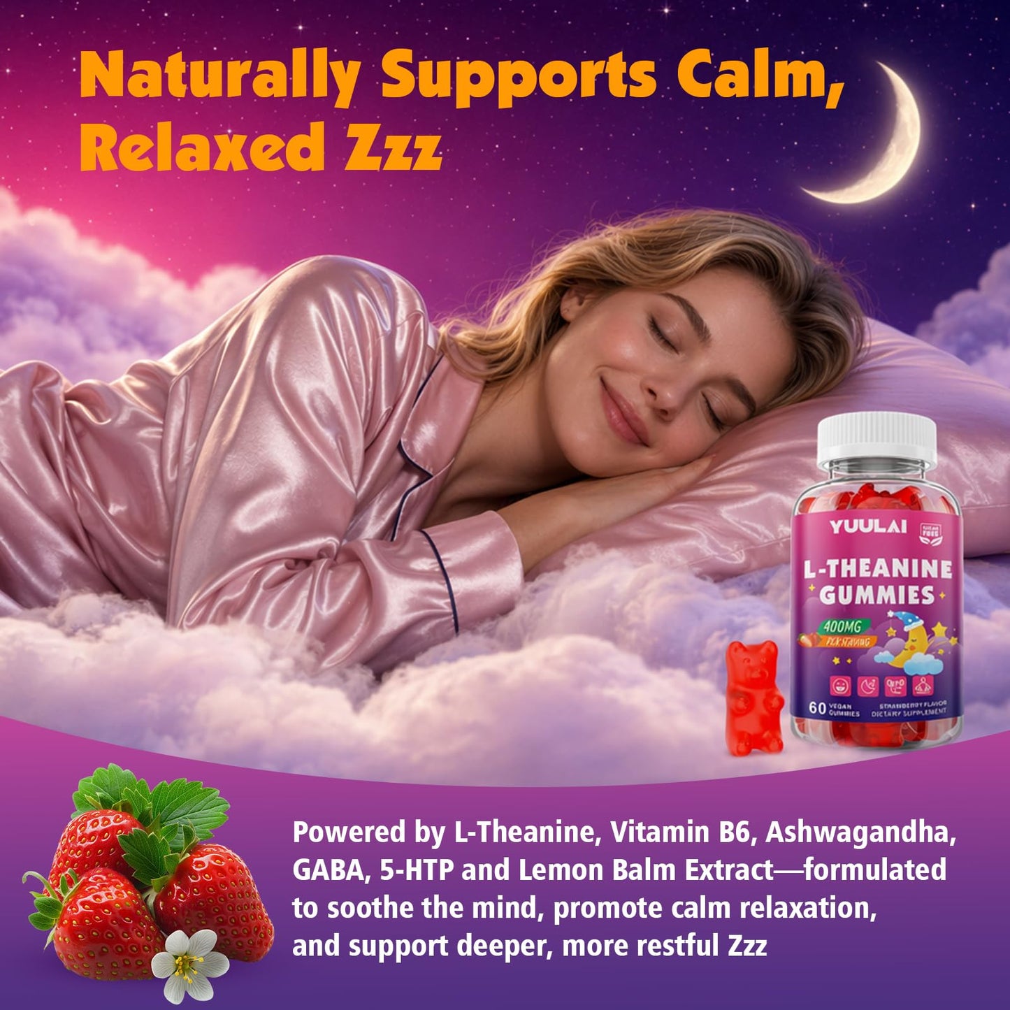 YUULAI L-Theanine Gummies 400mg, Sugar-Free L-Theanine with Ashwagandha, GABA, 5HTP for Relax, Zzz & Focus Support, Vegan, Strawberry Flavor, 60 Gummies
