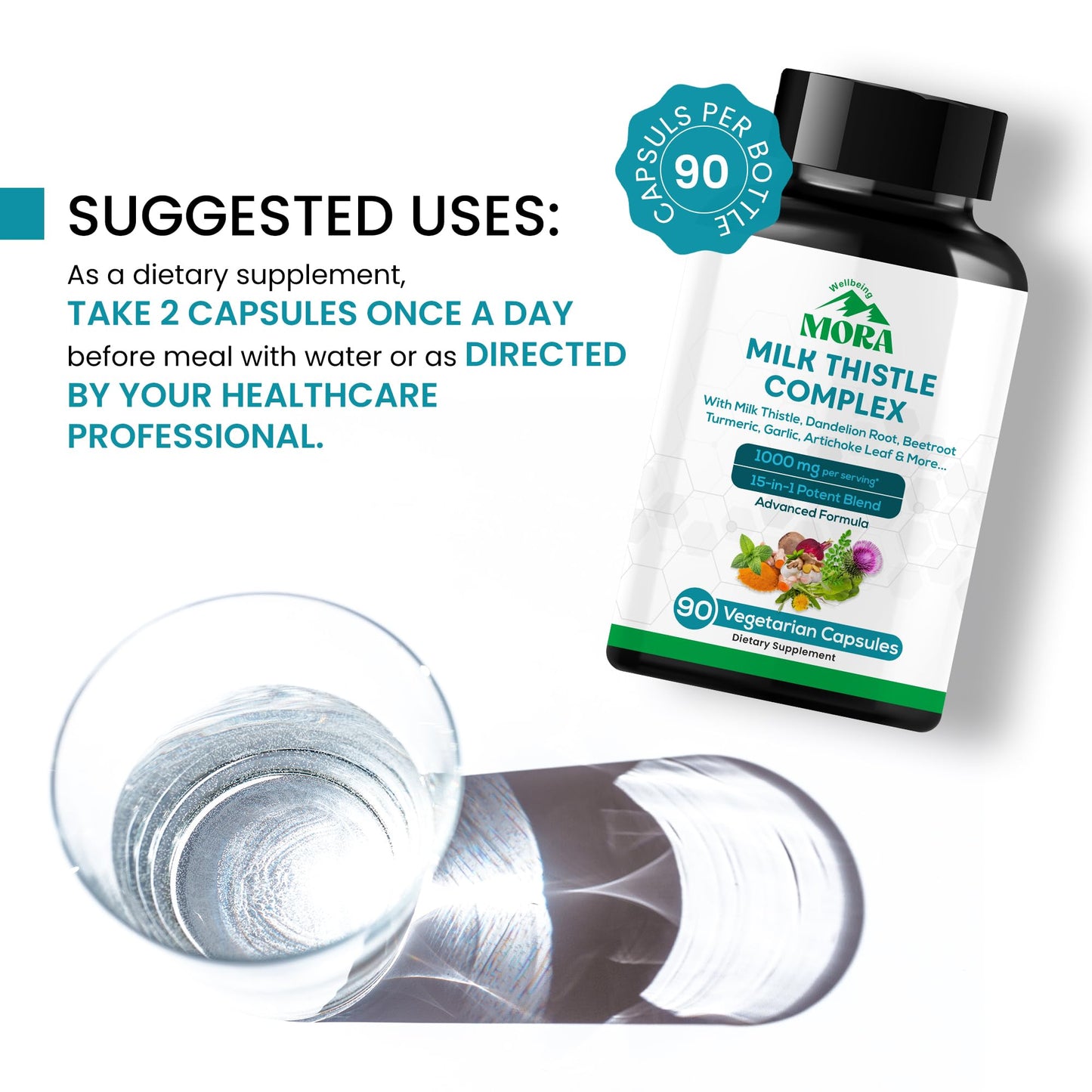 MORA Milk Thistle Complex 1000mg Capsules, 15-in-1 Liver Support with 80% Silymarin, Dandelion Root, Turmeric & Artichoke Extract, Liver Health & Digestion Support, 90 Vegan Capsules