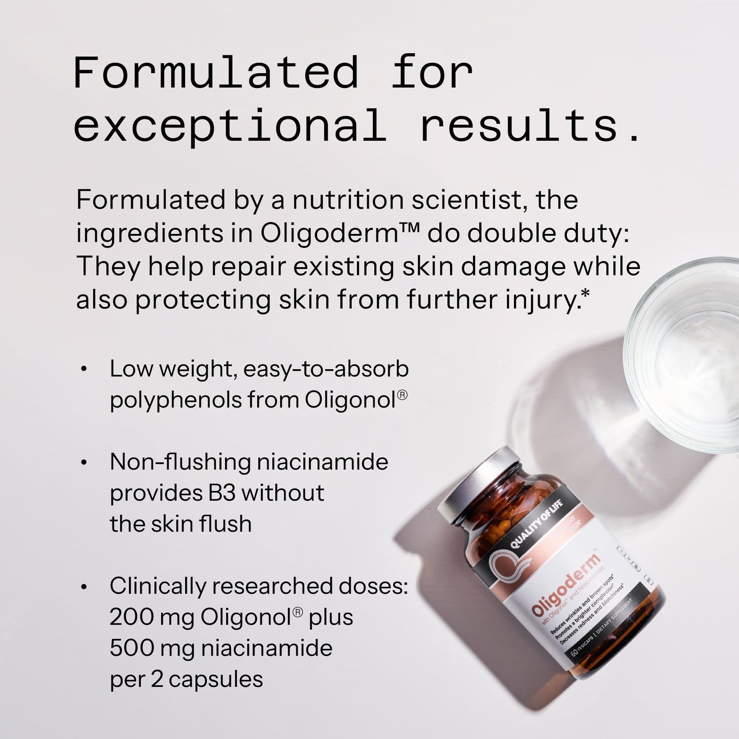 Quality of Life Oligoderm Premium Skin Support Supplement Featuring Oligonol and Niacinamide Capsule, 120 Capsules