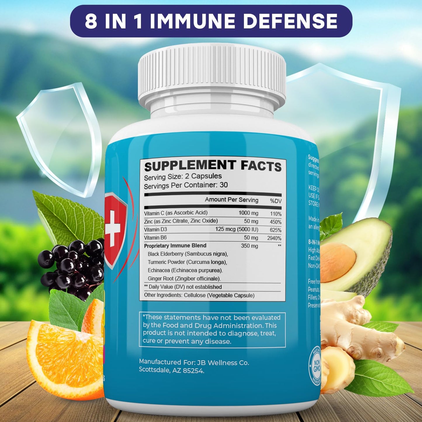 JB Wellness Co Immune Support 8 in 1 Capsules, 180 Count