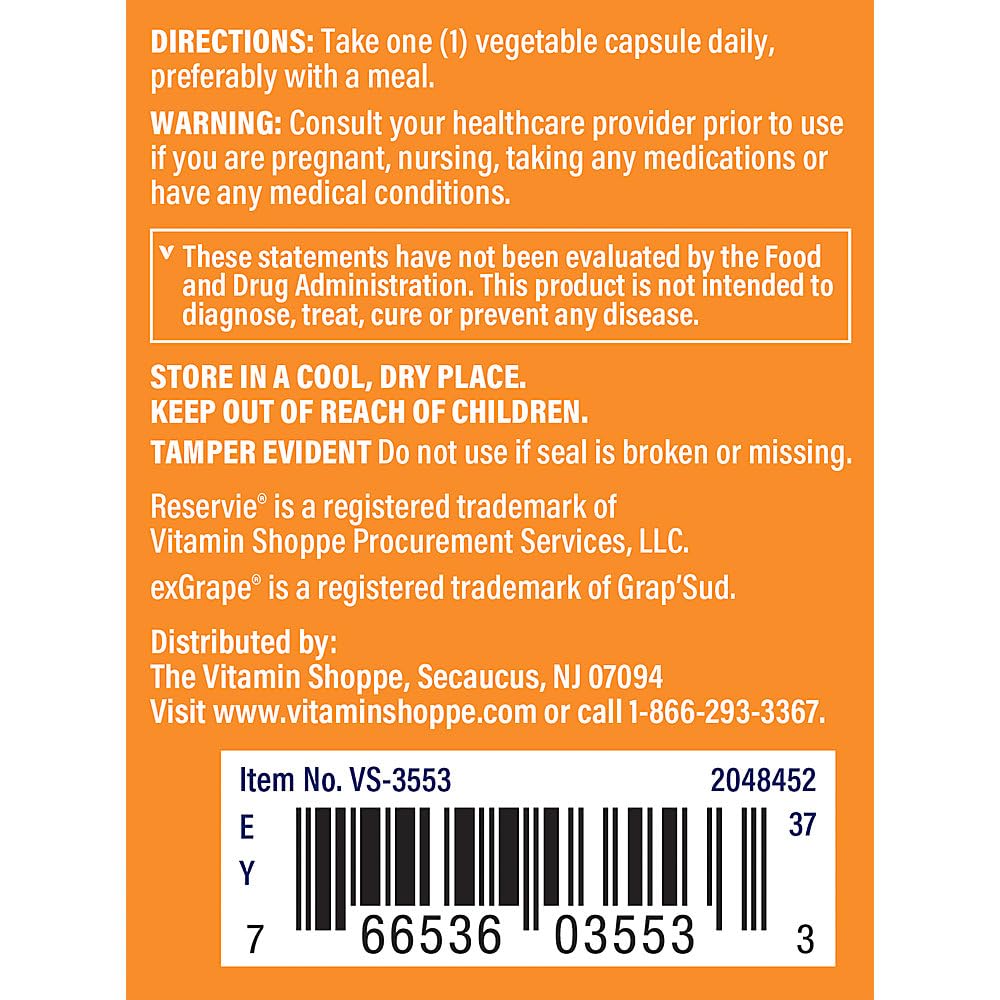 The Vitamin Shoppe Trans-Resveratrol 500mg Capsules, 60 Count