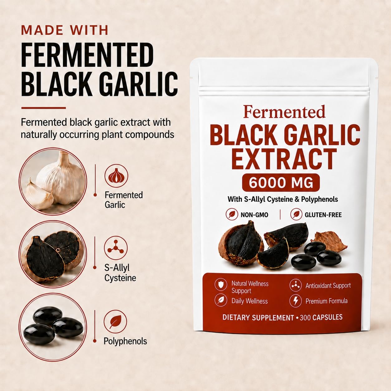BYDNES LABS Fermented Black Garlic Extract, S-Allyl Cysteine, 300 Capsules