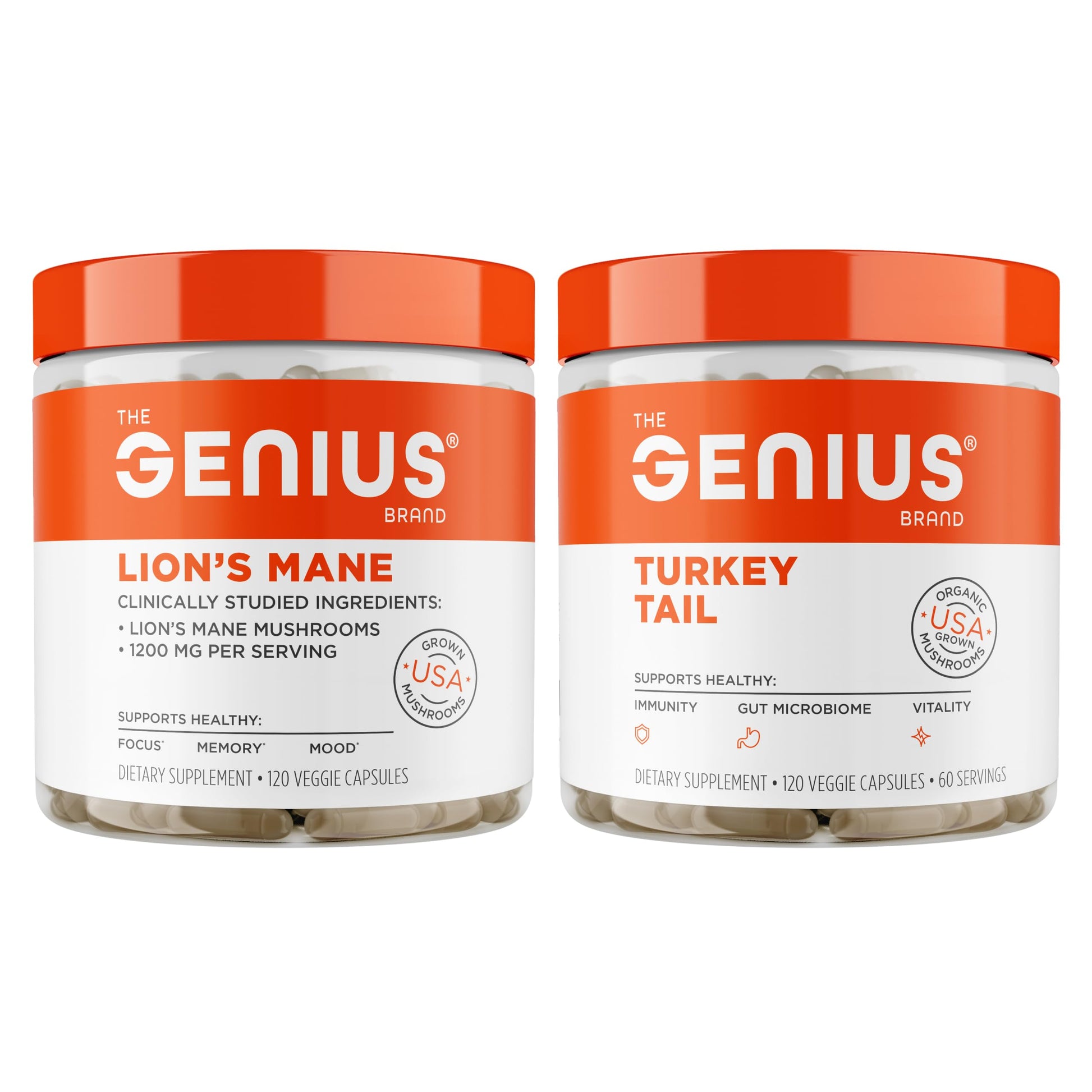 The Genius Brand Genius Lion's Mane and Genius Turkey Tail Capsules, 240 Capsules