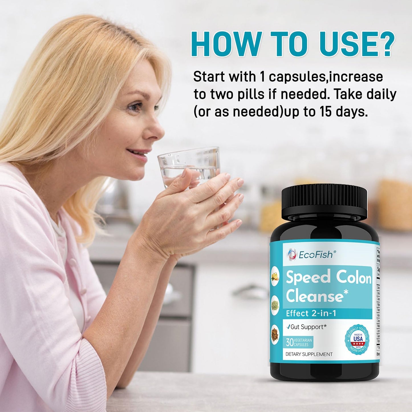 ECOFISH Natural Colon Cleanse 15 Days 2-in-1 Gut Support for Men & Women, 30 Capsules